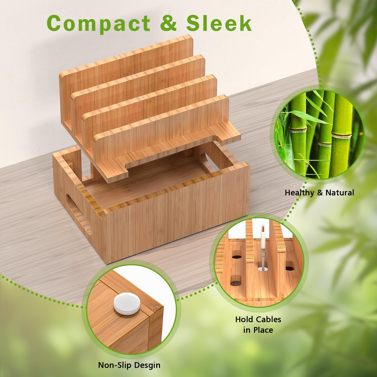 Pezin & Hulin Bamboo Charging Station Organizer - 5-Slot Multi Device Dock for iPhone, Android Phone, Tablet, SmartWatch & AirPods with 5 Included Cables (No USB Charger) | Perfect for Home Office, Bedside & Clutter-Free Desk Organization