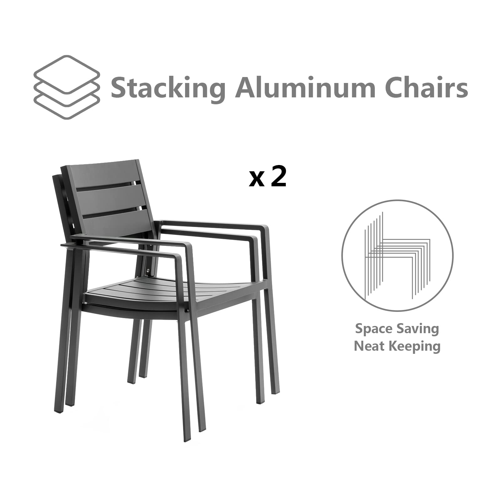 2-Piece Stackable Patio Dining Chairs Set - Aluminum Frame Outdoor Armchairs with Wide Seats for Backyard, Garden, Poolside & Deck - Grey Weather-Resistant Chairs