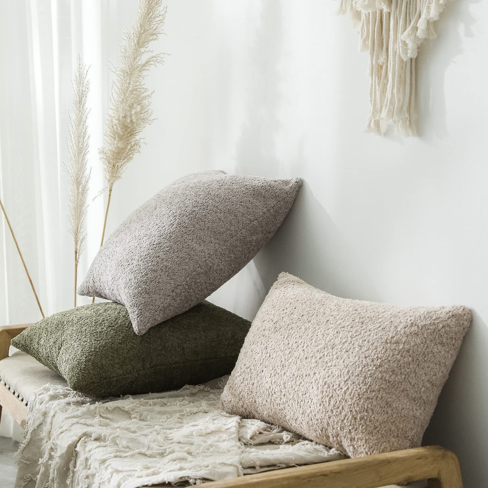 Farmhouse Throw Pillow Covers 20x20 - Set of 2 Rustic Decorative Pillow Cases for Couch, Bed & Living Room - Olive Green Neutral Accent Cushions for Cozy Home Decor & Farmhouse Style Interiors