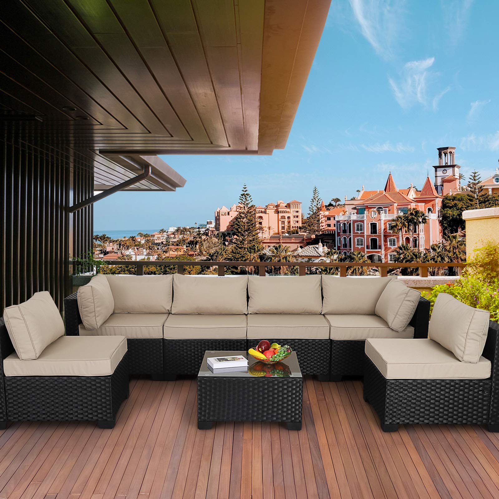Valita 7-Piece Outdoor PE Wicker Patio Furniture Set - Black Rattan Sectional Sofa with Washable Khaki Cushions | Perfect for Backyard, Poolside & Garden Relaxation