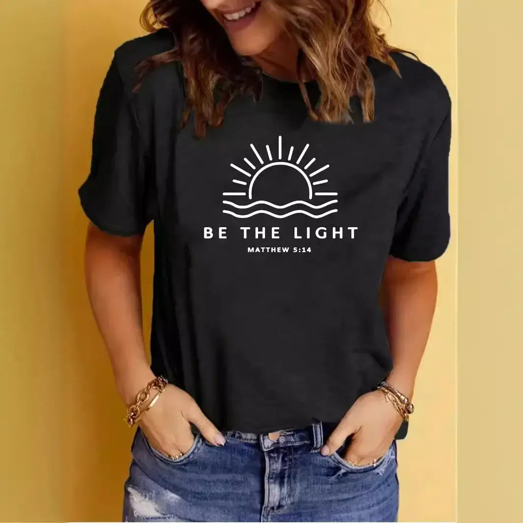 Women's Casual Round Neck 'Be the Light' Graphic T-Shirt - Soft Cotton Tee for Everyday Wear, Street Style & Layering
