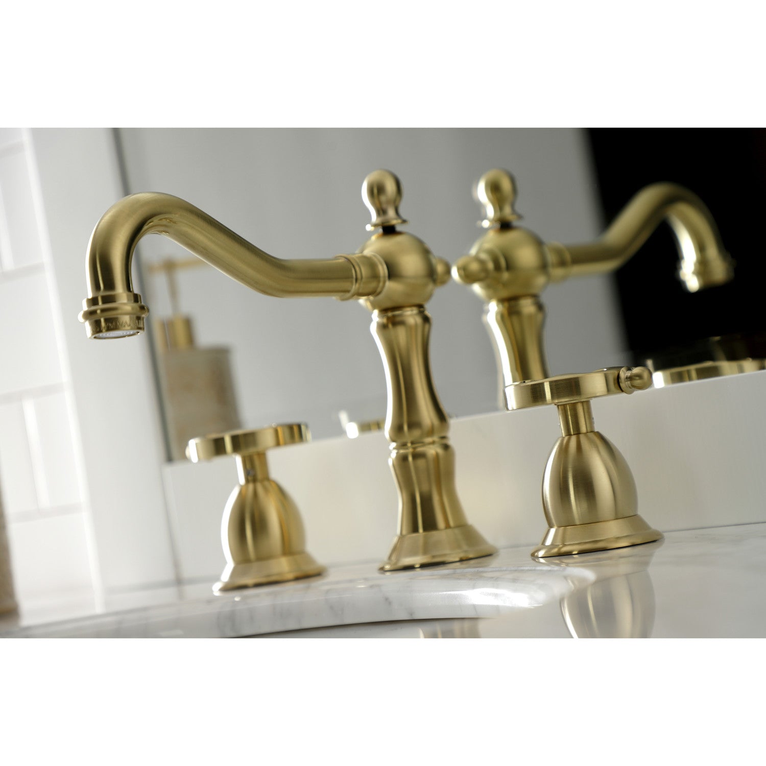 Belknap KS1977RX Brushed Brass Widespread Bathroom Faucet - 3 Hole Deck Mount with Two Handles & Brass Pop Up Drain - Perfect for Modern Bathroom Renovations and Luxury Home Upgrades