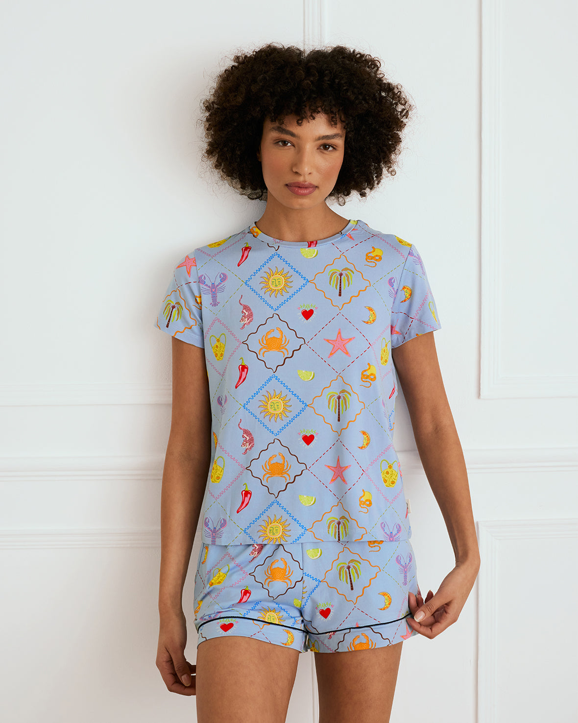 Patchwork Beach Print Short Pajama Set for Women - Comfortable Sleepwear & Lounge Wear for Summer Nights, Beach Vacations, and Relaxing at Home