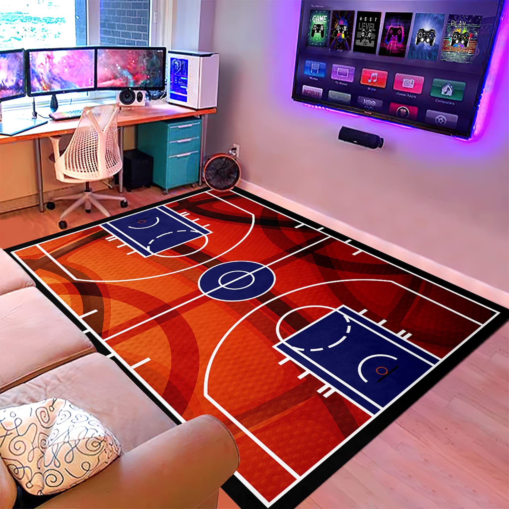 Basketball Court Area Rug - 3'×5' Non-Slip Sports Floor Mat for Boys Room, Living Room & Game Room Decor | Perfect for Kids Bedroom, Playroom & Sports Themed Spaces