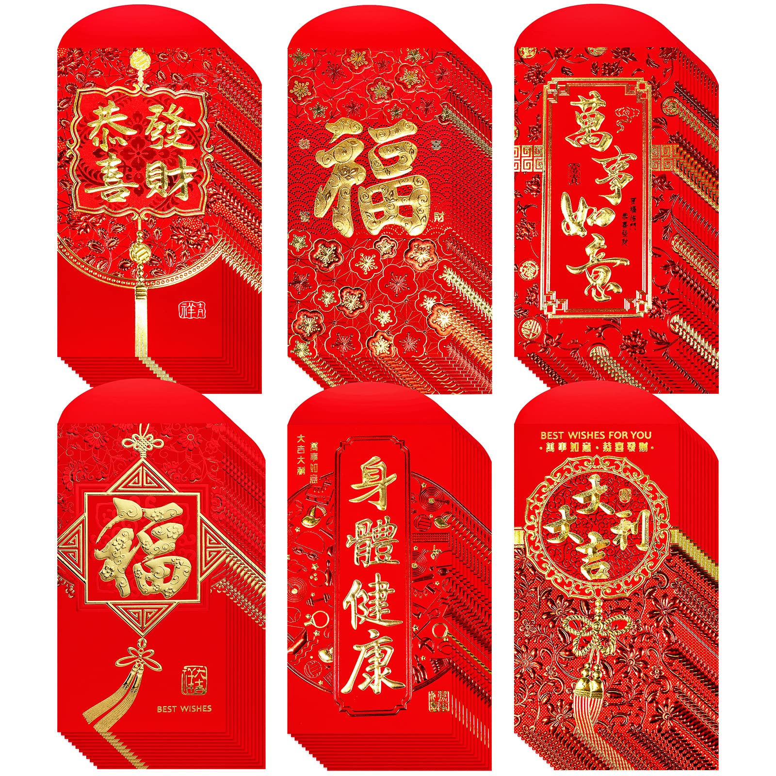 120 Pcs Chinese Red Envelopes - 6 Lucky Money Designs for Lunar New Year, Weddings & Birthdays | Hong Bao, Lai See Packets | Year of the Snake 2025 | Perfect for Gifting Cash in Festive Celebrations