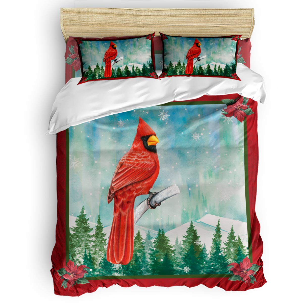 Vintage Christmas Tree Snowflakes Red Birds Duvet Cover Set Queen Size - 4 Piece Breathable Comforter Cover with Flat Sheet & Pillowcases, Winter Snowy Landscape Bedding for Cozy Holiday Decor