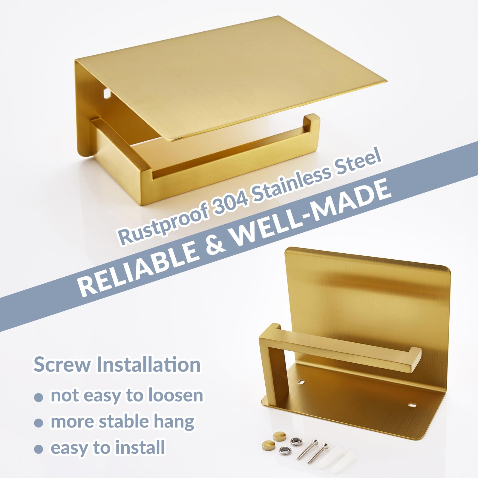 Modern Brushed Gold Toilet Paper Holder with Shelf - APLusee SUS 304 Stainless Steel Bathroom Tissue Roll Dispenser & Storage Organizer - Perfect for Contemporary Bathrooms, Powder Rooms, and Guest Baths