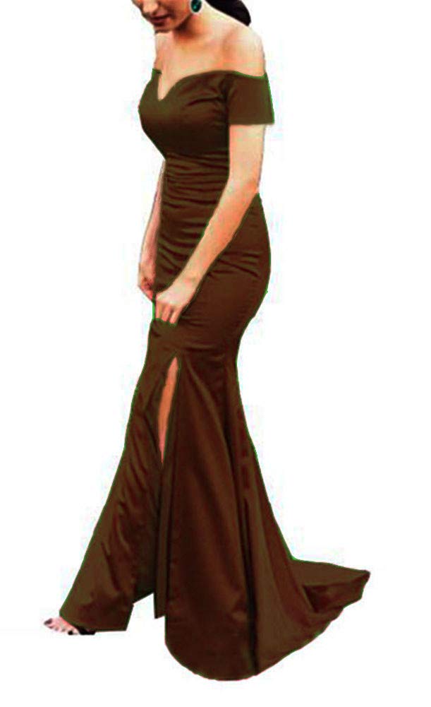 Elegant Women's Satin Off-The-Shoulder Long Mermaid Evening Dress with High Slit for Prom, Party, Wedding & Special Occasions - Coffee Color Formal Gown