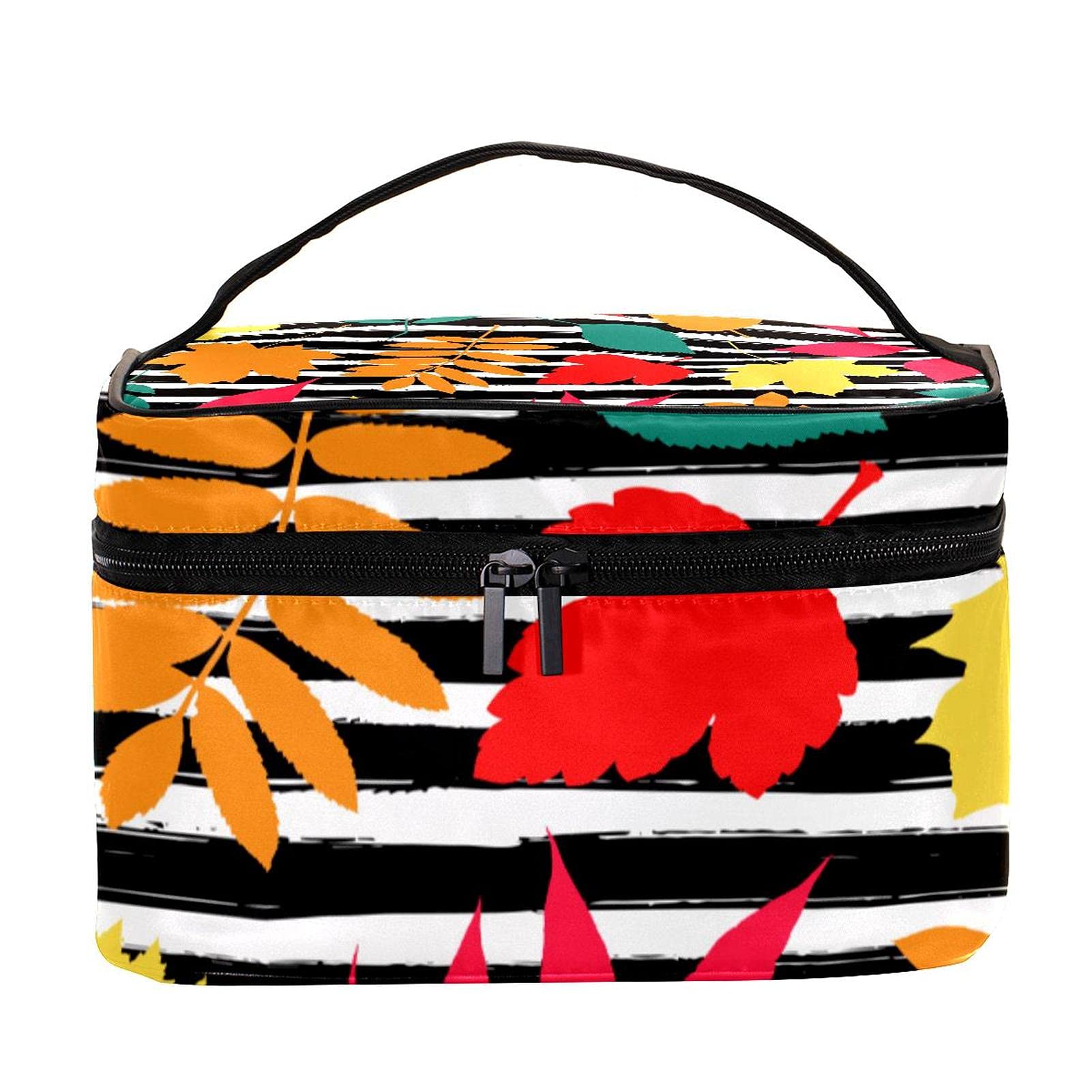 Fall Autumn Leaf Stripe Travel Makeup Bag - Large Waterproof Cosmetic Organizer with Zipper for Women & Girls | Perfect for Travel, Gym, and Daily Essentials Storage