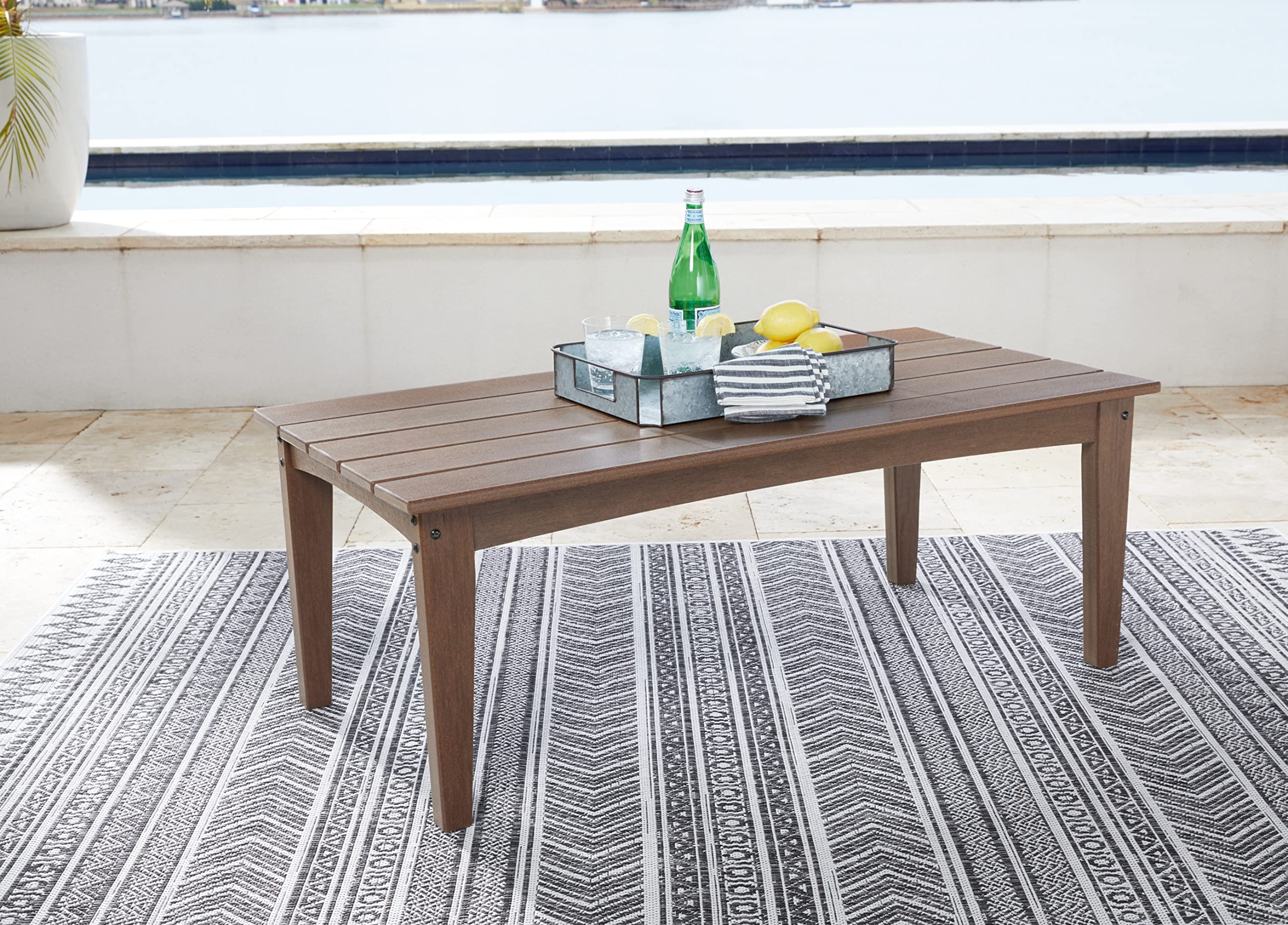 Signature Design by Ashley Emmeline Outdoor HDPE Patio Coffee Table - Weather-Resistant Brown Side Table for Garden, Poolside & Backyard Decor
