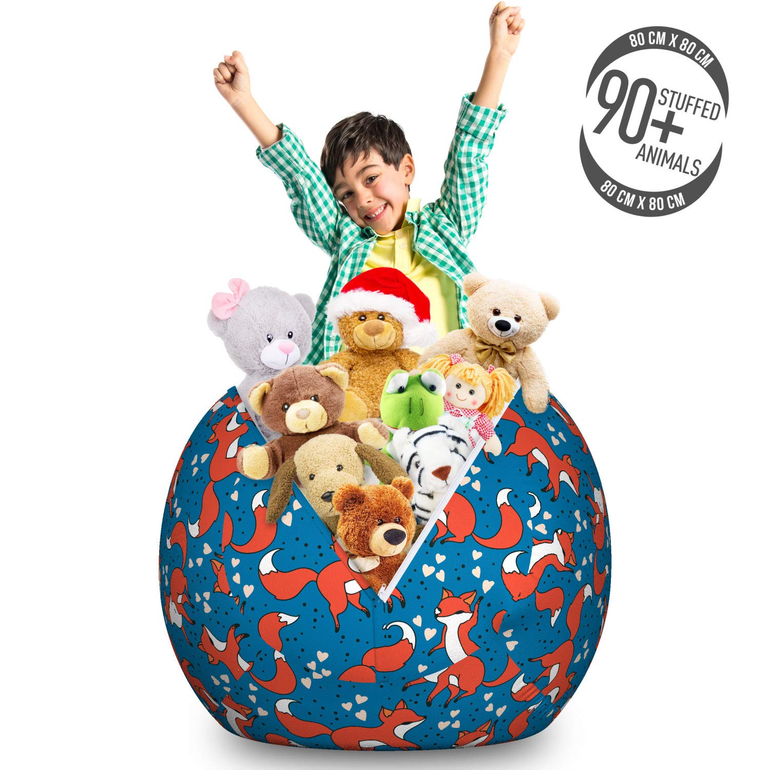 Ambesonne Cartoon Fox Toy Storage Bag Chair with Heart and Dots Pattern - Large Washable Stuffed Animal Organizer for Kids Room, Nursery, Playroom - Dark Salmon Azure Blue