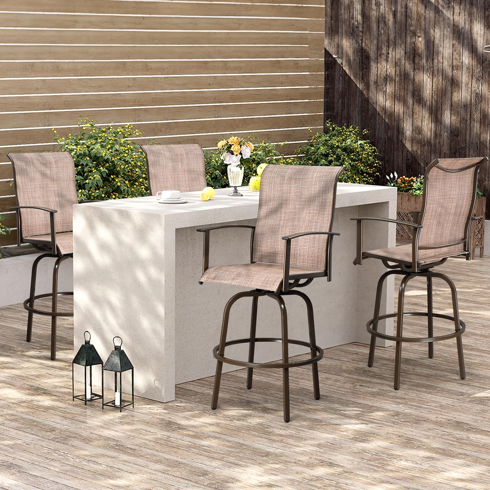 VINGLI 2-Piece Outdoor Swivel Bar Stool Set - All-Weather Metal Bar Height Chairs for Patio, Yard, Garden, Poolside & Lawn - Brown (Perfect for Outdoor Dining, Entertaining & Relaxing)