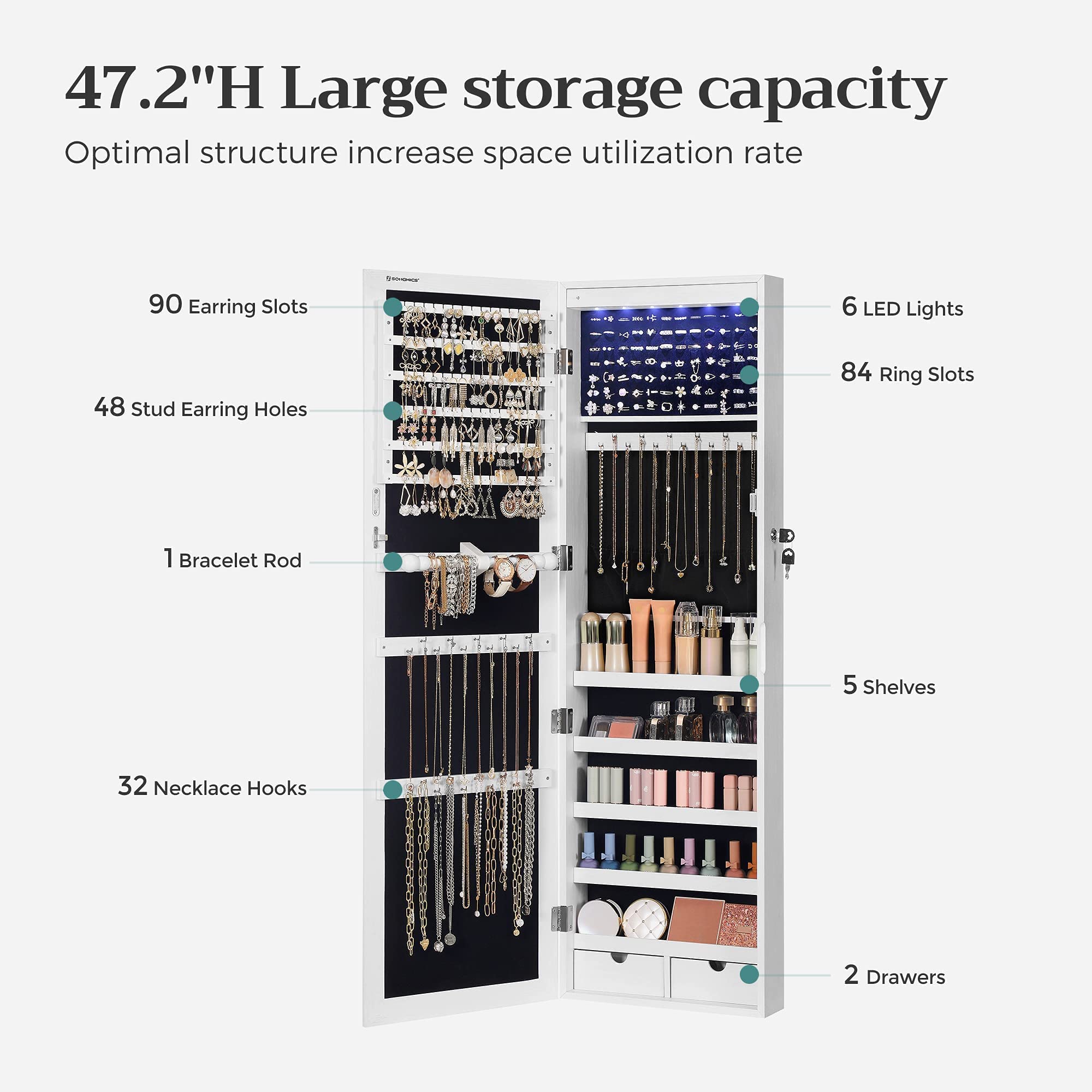 SONGMICS 6-LED Mirror Jewelry Cabinet & 12-Slot Watch Box Set - Wall Mounted Jewelry Armoire Organizer with Mirror & Watch Storage - White & Black (UJJC93W & UJWB012) - Perfect for Bedroom, Closet & Dressing Room Organization