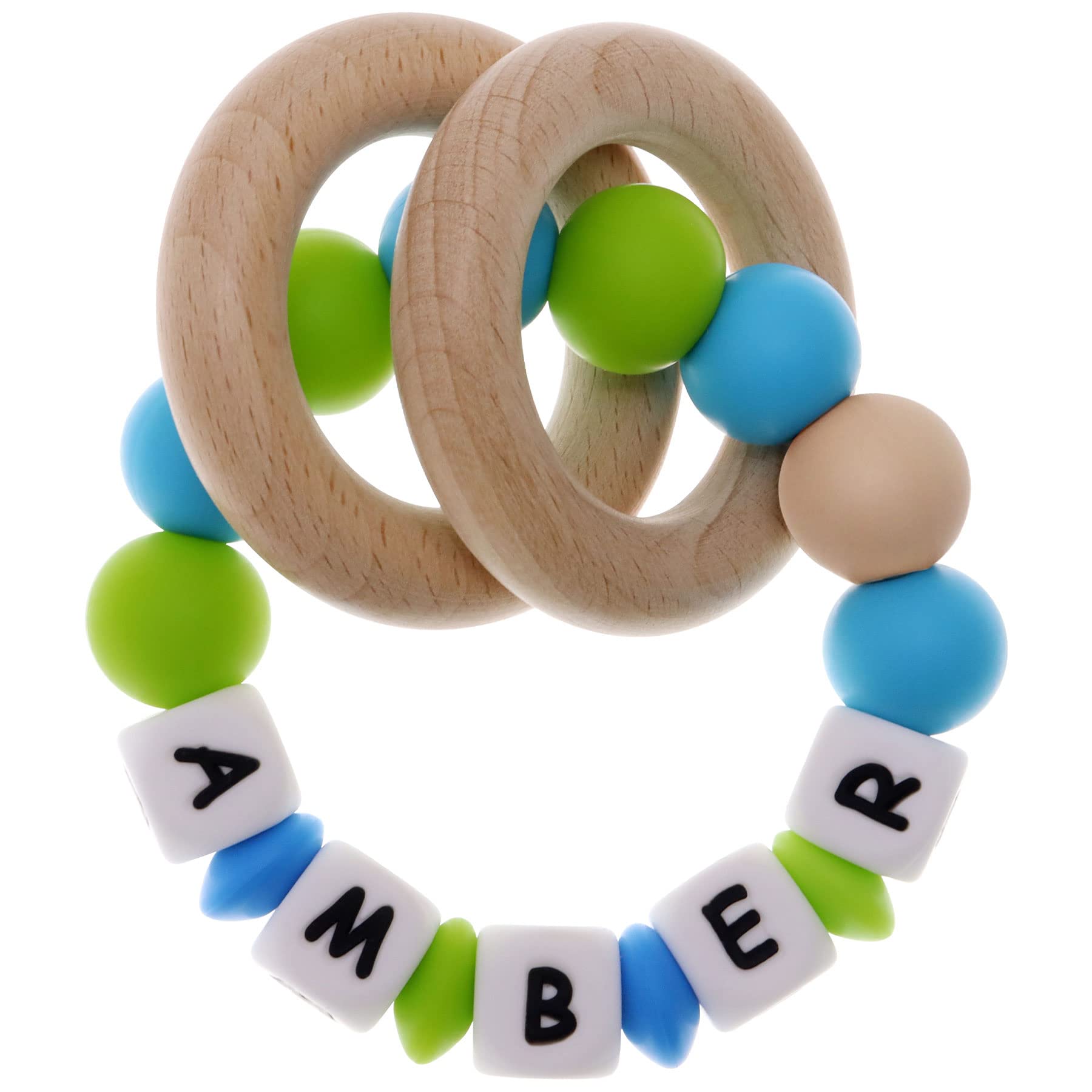 Personalized Baby Stroller Toy Ring with Name - Green & Blue for Infant Play & Travel - Perfect for Strollers, Car Seats & Cribs
