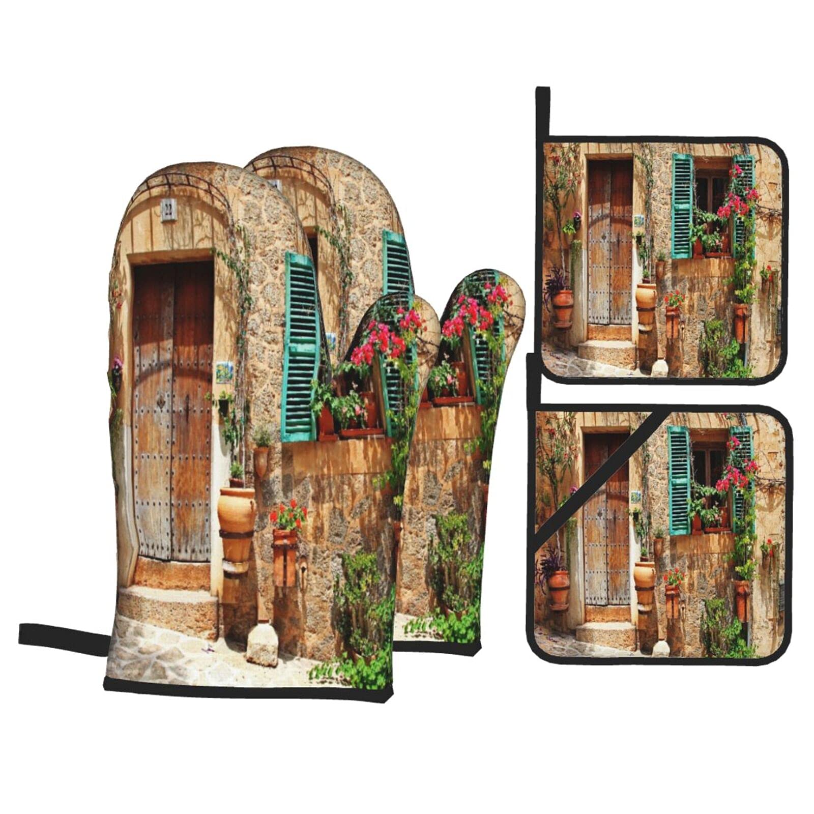 4Pcs Heat Resistant Oven Mitts & Pot Holders Set - Mediterranean Provence Floral Design for Cooking, Baking, Grilling, BBQ - Perfect for Kitchen, Outdoor Picnics & Home Decor