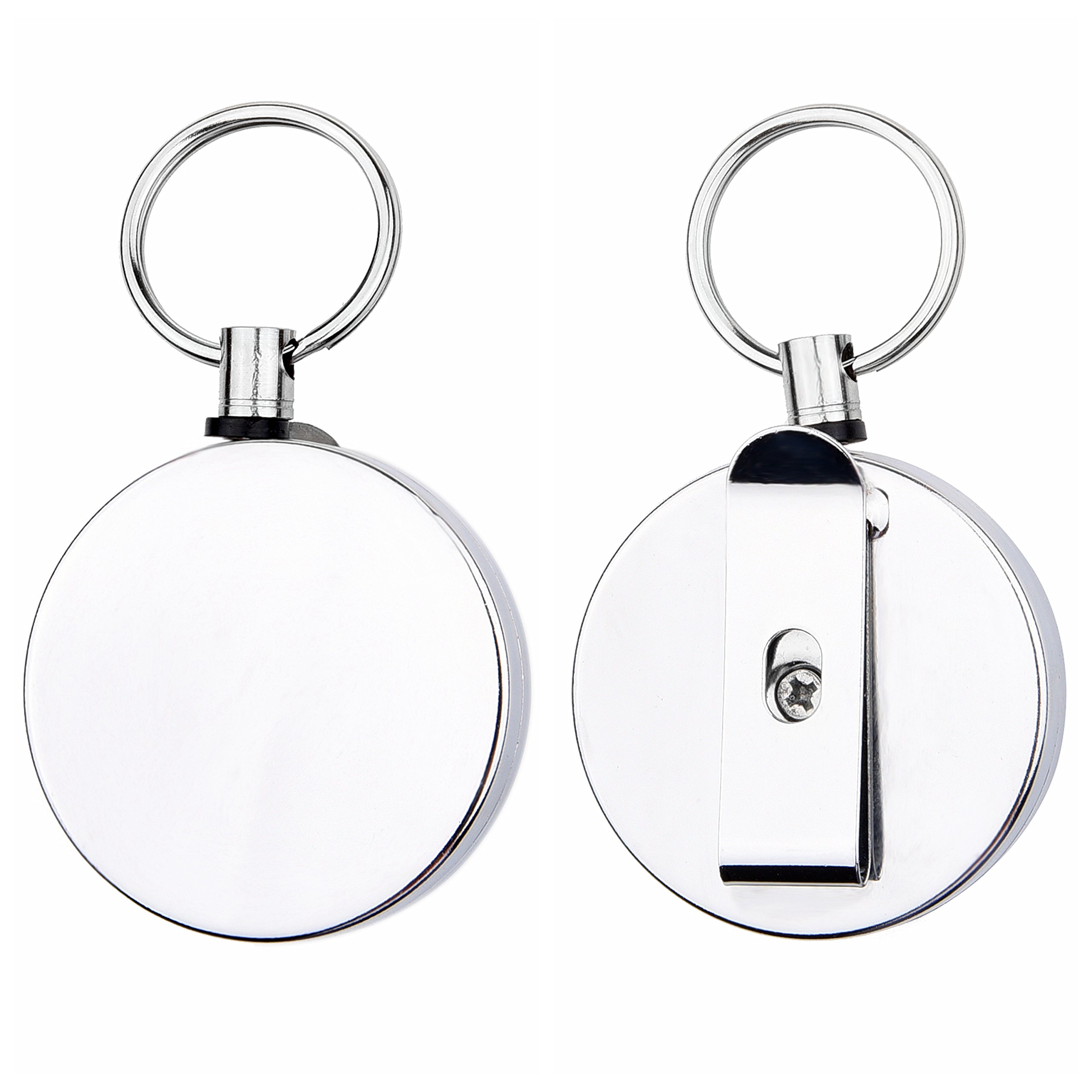 Kare and Kind Heavy Duty Retractable Reel with Belt Clip - 28 Inch Steel Cord, Chrome Metal Case, Swivel Clips & Key Ring (Silver, 1pc) - Perfect for Keys, ID Badges, Tools & Work Accessories