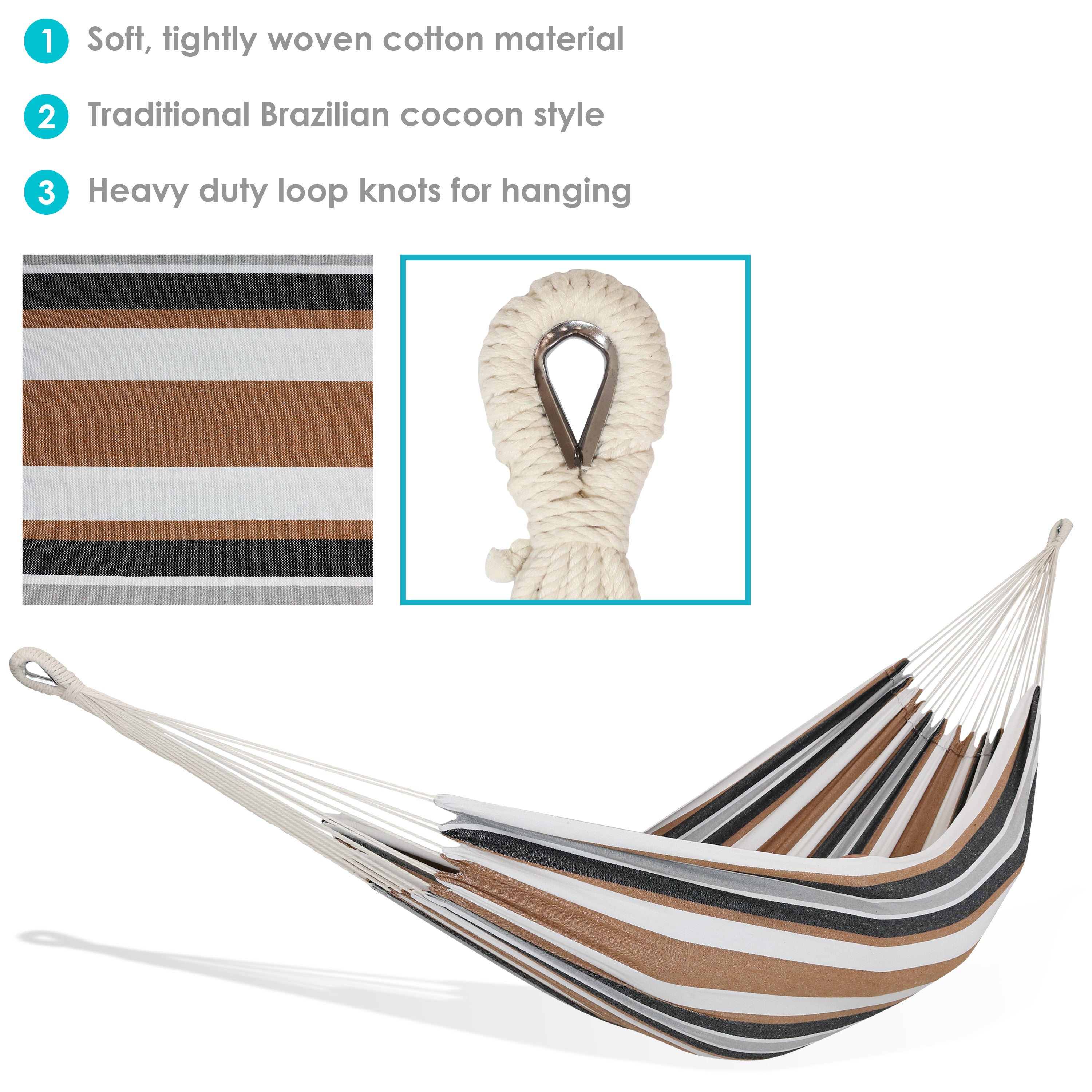 Sunnydaze 2 Person Brazilian Double Hammock - Durable Outdoor Hammock for Backyard, Camping & Beach - Comfortable Cotton Fabric with Spreader Bars