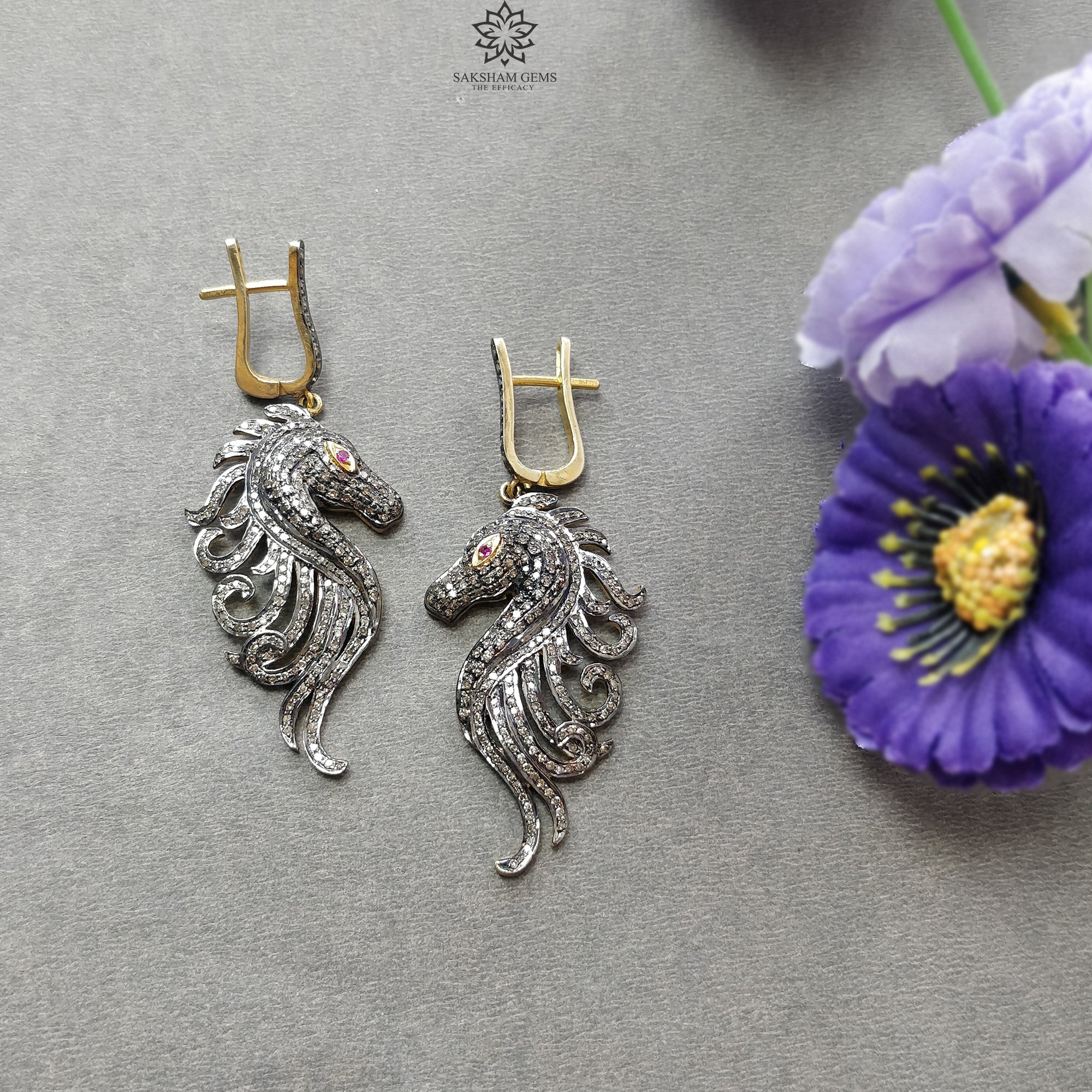 Natural Diamond & Ruby Gemstone Drop Dangle Earrings - 925 Sterling Silver & Gold Latch Back - Horse Face Pave Design (2.4