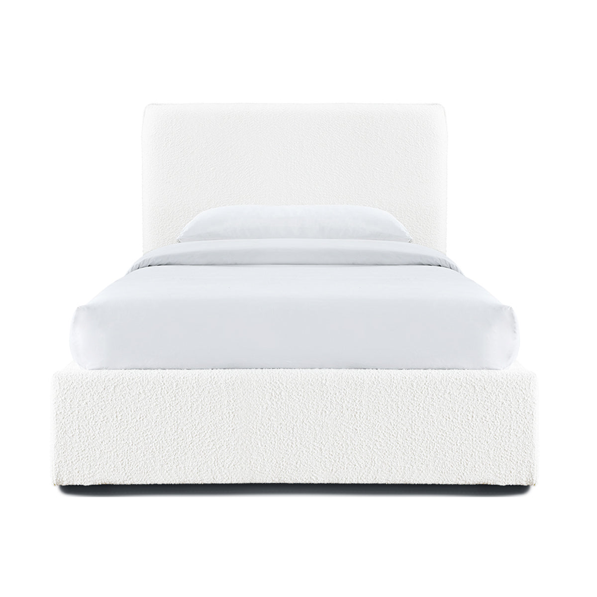 Dane Boucle King Single Bed Frame - White Upholstered Platform Bed with Wooden Legs | Perfect for Small Bedrooms, Guest Rooms & Modern Apartments
