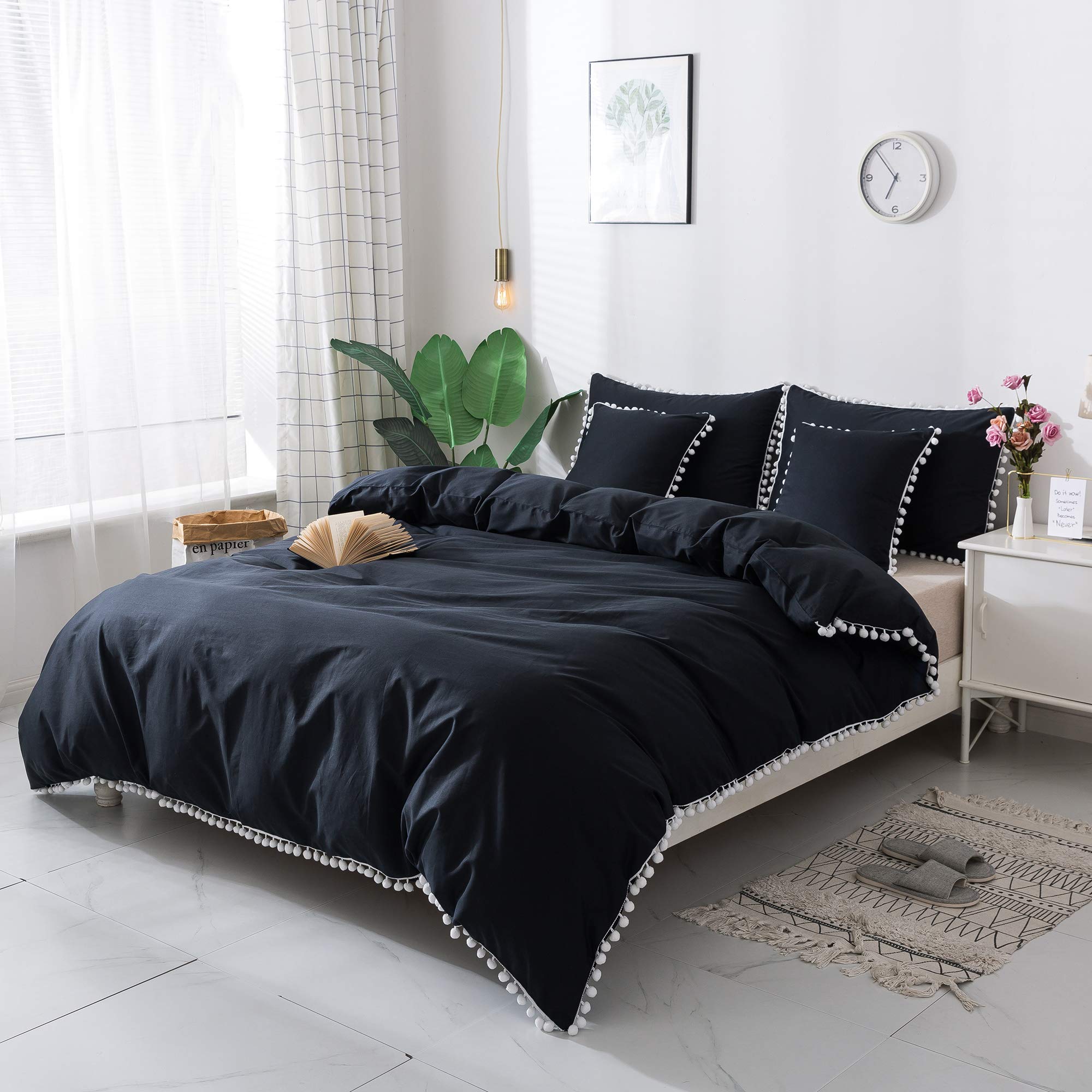 Softta Black Bohemian Duvet Cover Set for Girls - Full Size 3-Piece with White Ruffle Pompoms & Fringe - 100% Cotton Boho Bedding for Baby, Teen & Kids Rooms - Perfect for Boho Chic, Nursery & Teen Bedroom Decor