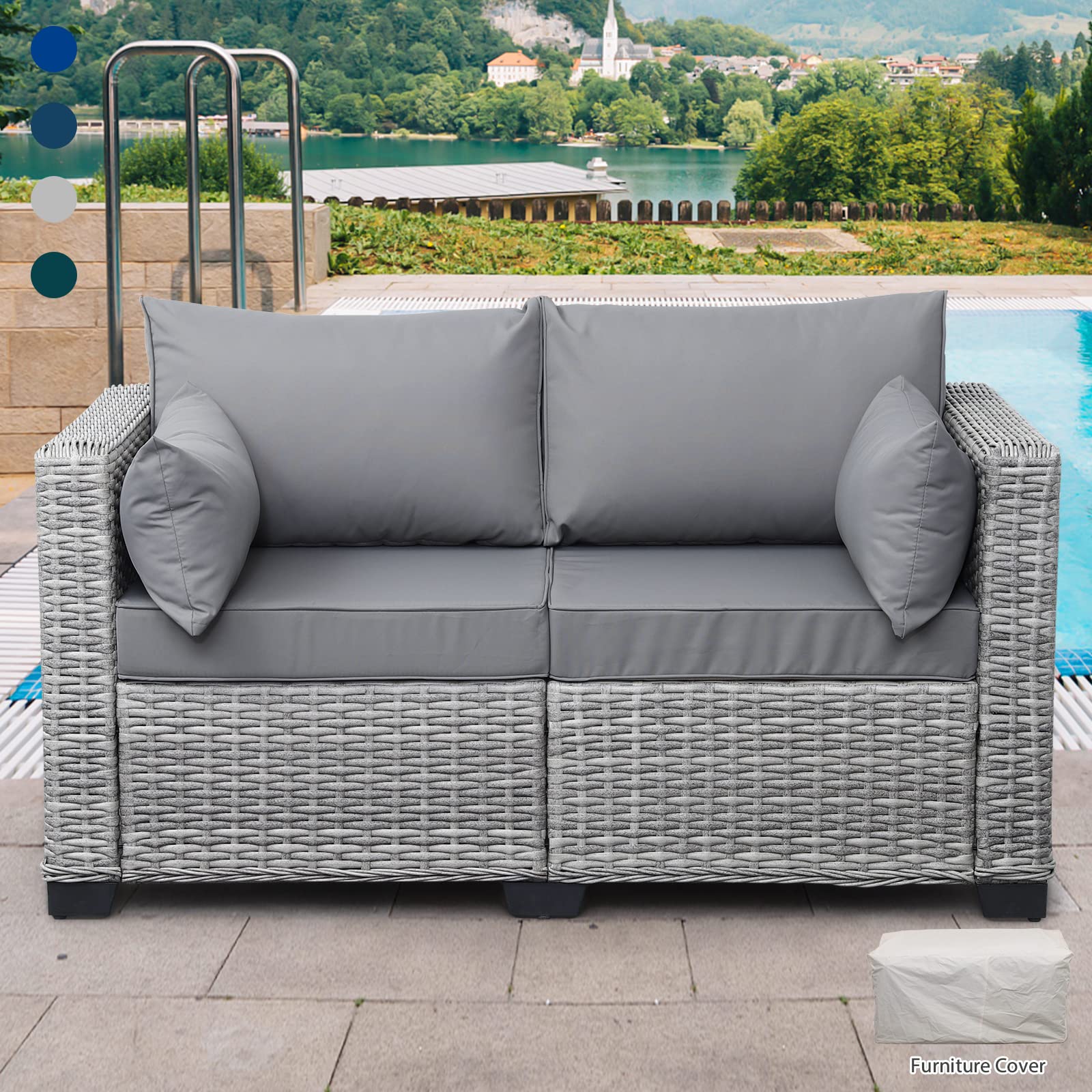 **Rattan Outdoor Loveseat Sofa - 2-Seater Patio Furniture with Anti-Slip Cushions, Lumbar Pillow & Cover (Grey) - Perfect for Balcony, Garden, Deck & Poolside Relaxation**