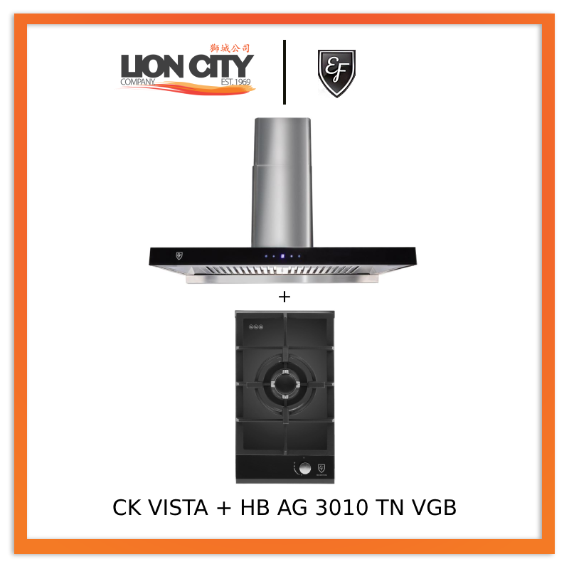 EF CK VISTA 90CM Stainless Steel Chimney Hood with HB AG 3010 TN VGB 30cm Single Burner Gas Hob - Perfect for Modern Kitchen Cooking and Ventilation
