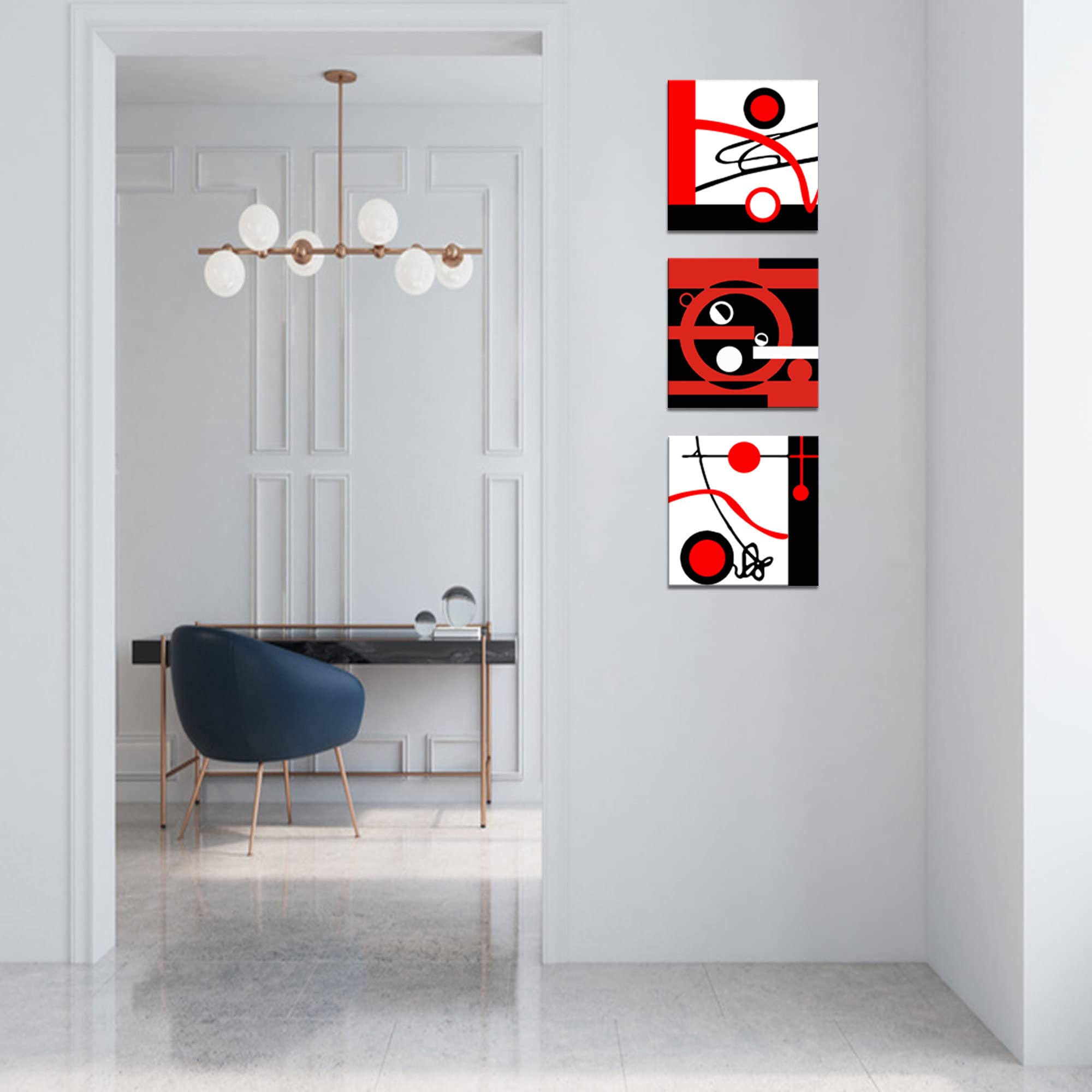 3-Piece Modern Red Geometric Abstract Canvas Wall Art - Nordic Style Kitchen & Bathroom Decor (20x20 Inch, Set of 3) | Perfect for Living Room, Bedroom & Office Wall Decor