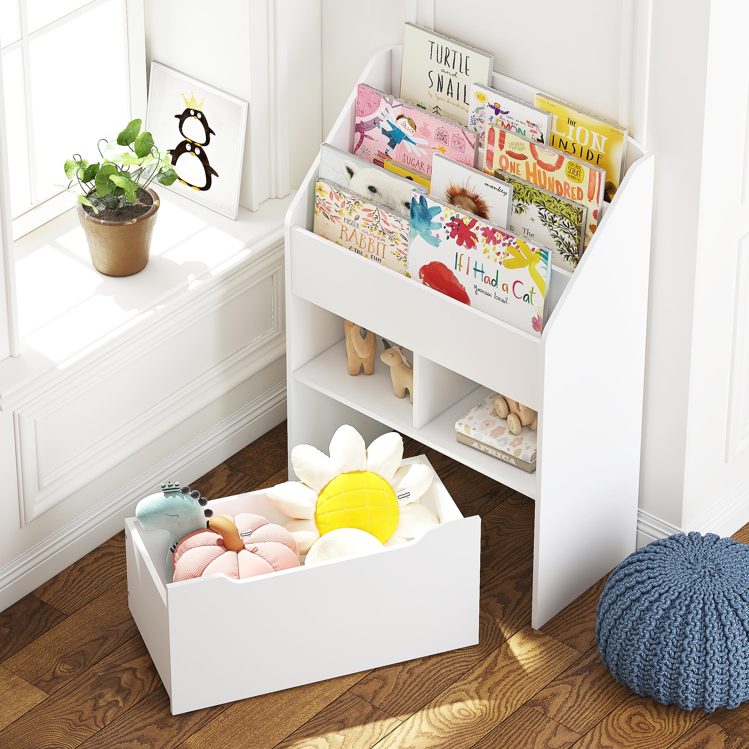 UTEX Kids Bookshelf - Wooden Book Display & Toy Storage Organizer, Children's Book Rack Bookcase Toy Box Combo for Bedroom & Nursery, White - Perfect for Organizing Books, Toys and Decor in Kids Rooms, Playrooms & Daycare Centers