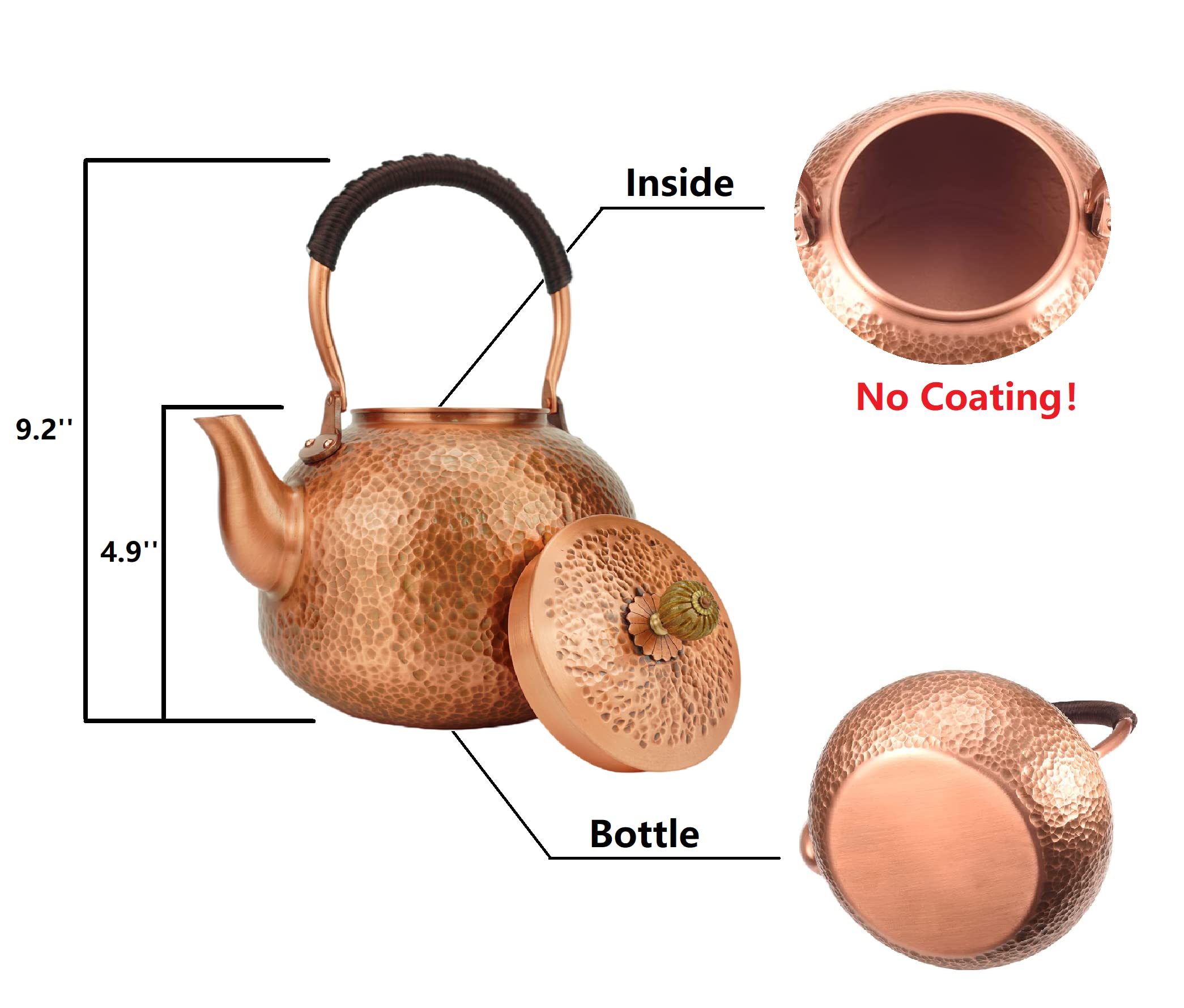 Handmade Solid Copper Tea Kettle - 2200ml Stovetop Teapot for Gas & Induction Cooktops - Thick Hammered Pure Copper Teapot for Tea Brewing & Home Decor - Perfect for Daily Use, Gifts & Traditional Tea Ceremonies