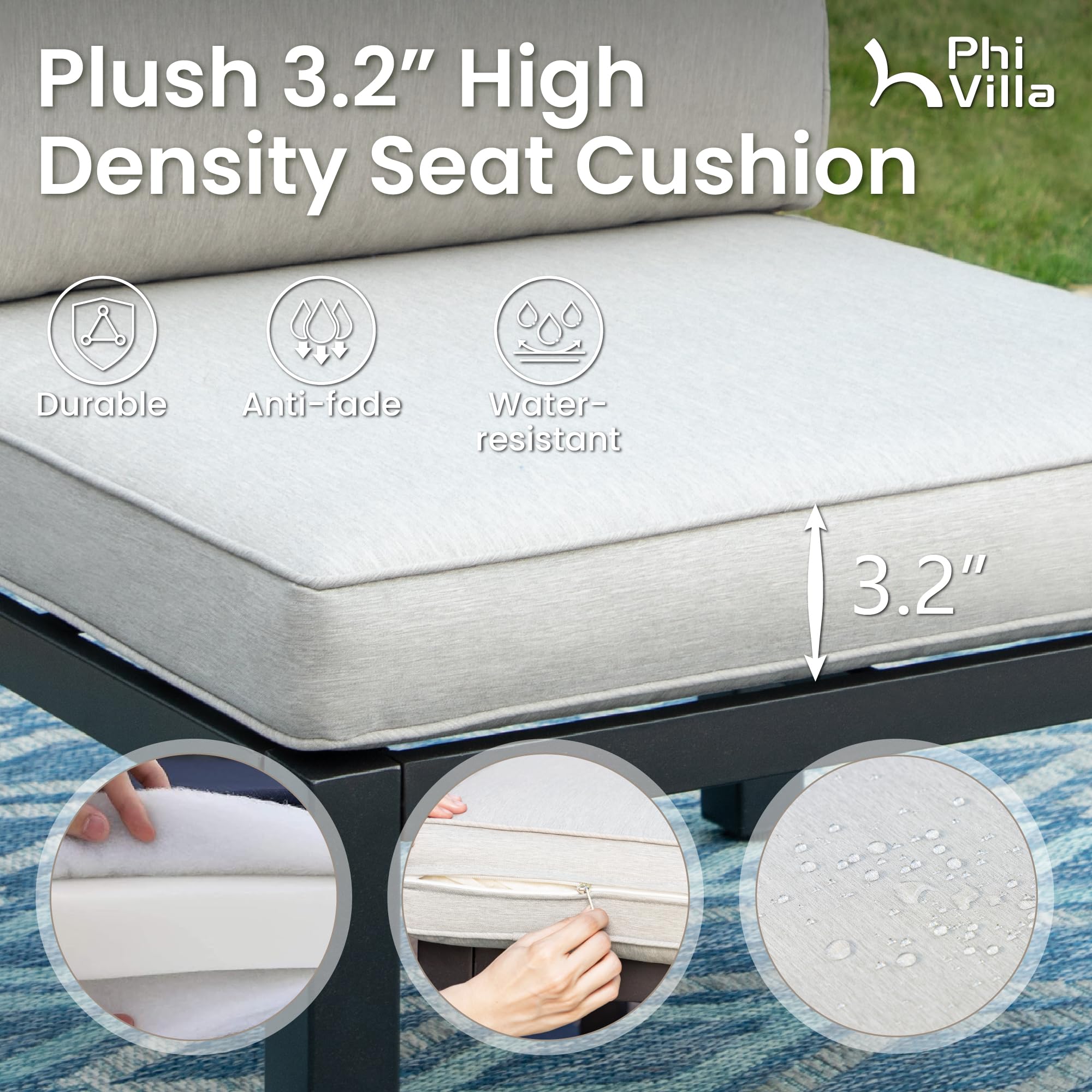 PHI VILLA 3-Piece Metal Patio Furniture Set with Coffee Table & Removable Cushions - Outdoor Modular Sectional Sofa for Backyard, Garden, Poolside & Deck - Light Grey Weather-Resistant Conversation Set