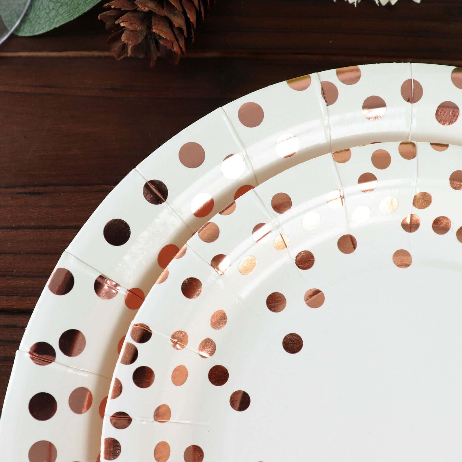 Efavormart 25 Pack 9 Inch White Metallic Rose Gold Polka Dot Disposable Dinner Plates - 300 GSM Heavy Duty Paper Plates for Wedding, Birthday Party & Holiday Celebrations