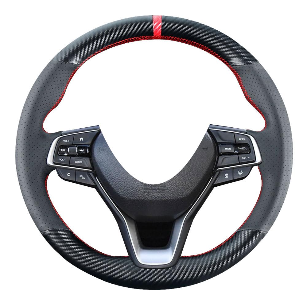 Carbon Fiber Steering Wheel Cover for Honda Accord 10th Gen (2018-2021) & Insight (2019-2021) - 15 Inch Black Microfiber Leather DIY Stitch-On Car Interior Upgrade - Perfect for Daily Driving & Enhanced Grip