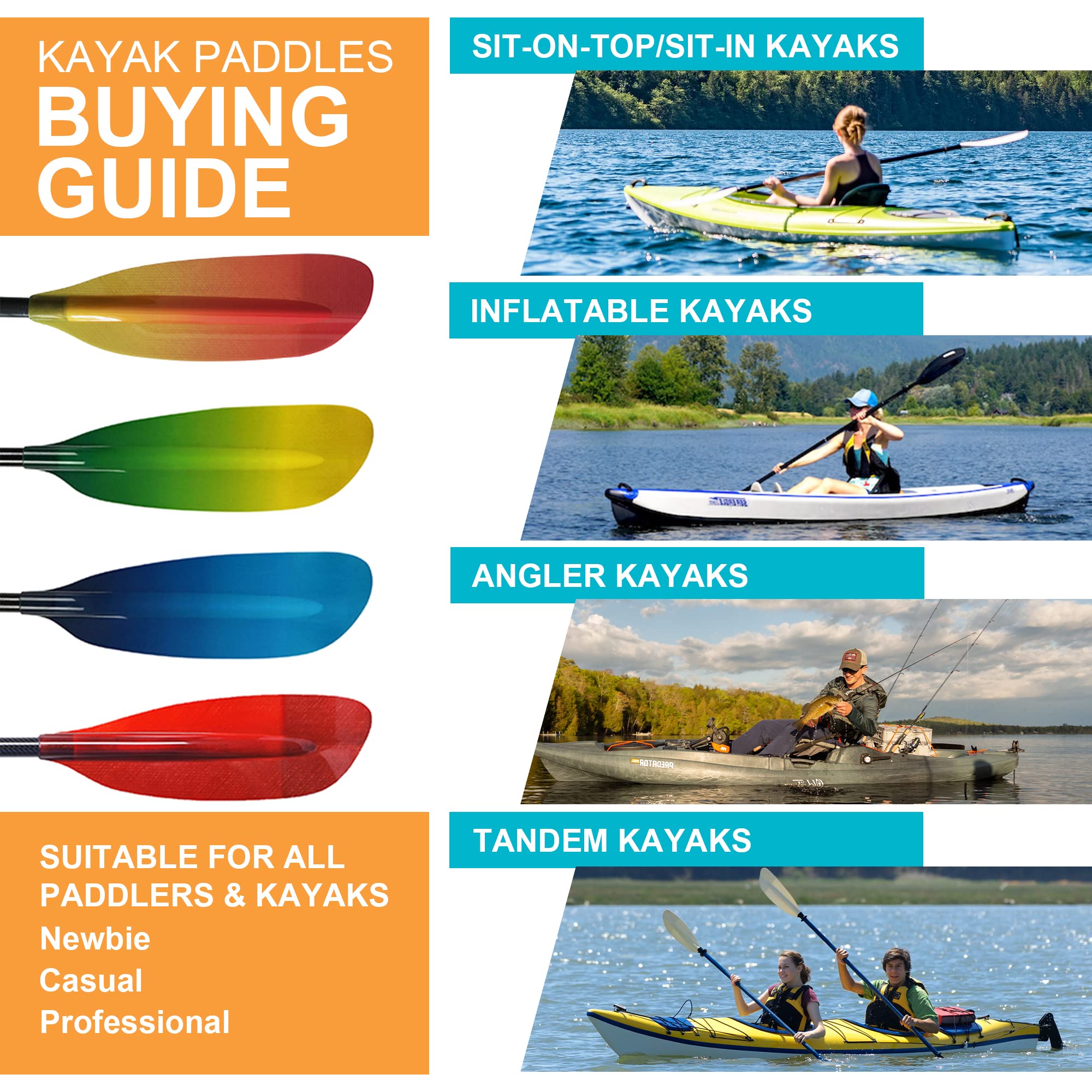 Premium Carbon Fiber Kayak Paddles with Gradient Fiberglass Blades - 3-Piece Adjustable Floating Oars (230-240cm/90-94in) for Touring, Fishing & Recreational Kayaking