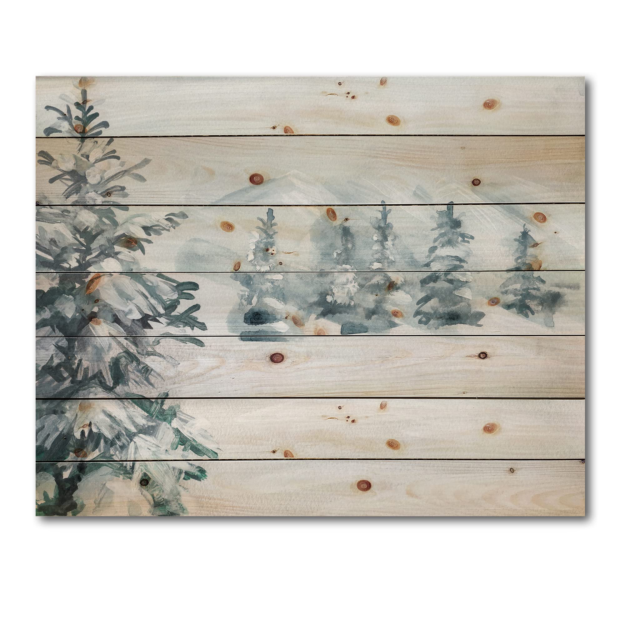 DesignQ Snowy Pine Trees Wood Wall Art - Traditional Blue Landscape Decor, Large Natural Pine Wood Wall Panels - Perfect for Living Room, Bedroom & Office Decor