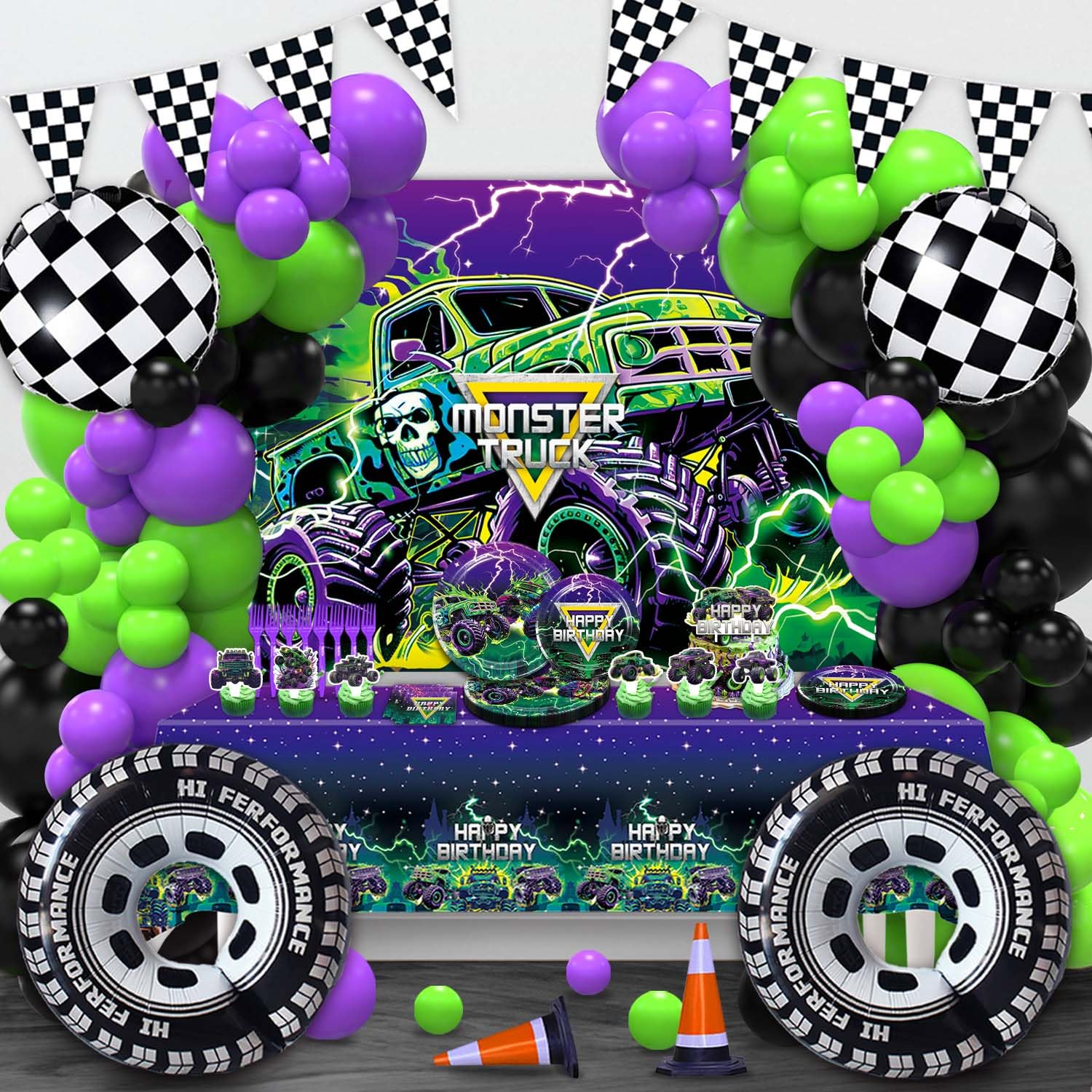 182Pcs Monster Truck Birthday Party Decorations Set - Balloon Arch, Banner, Backdrop, Cake Toppers, Tableware & Tablecloth - Perfect for Kids' Birthday, Baby Shower & Themed Events