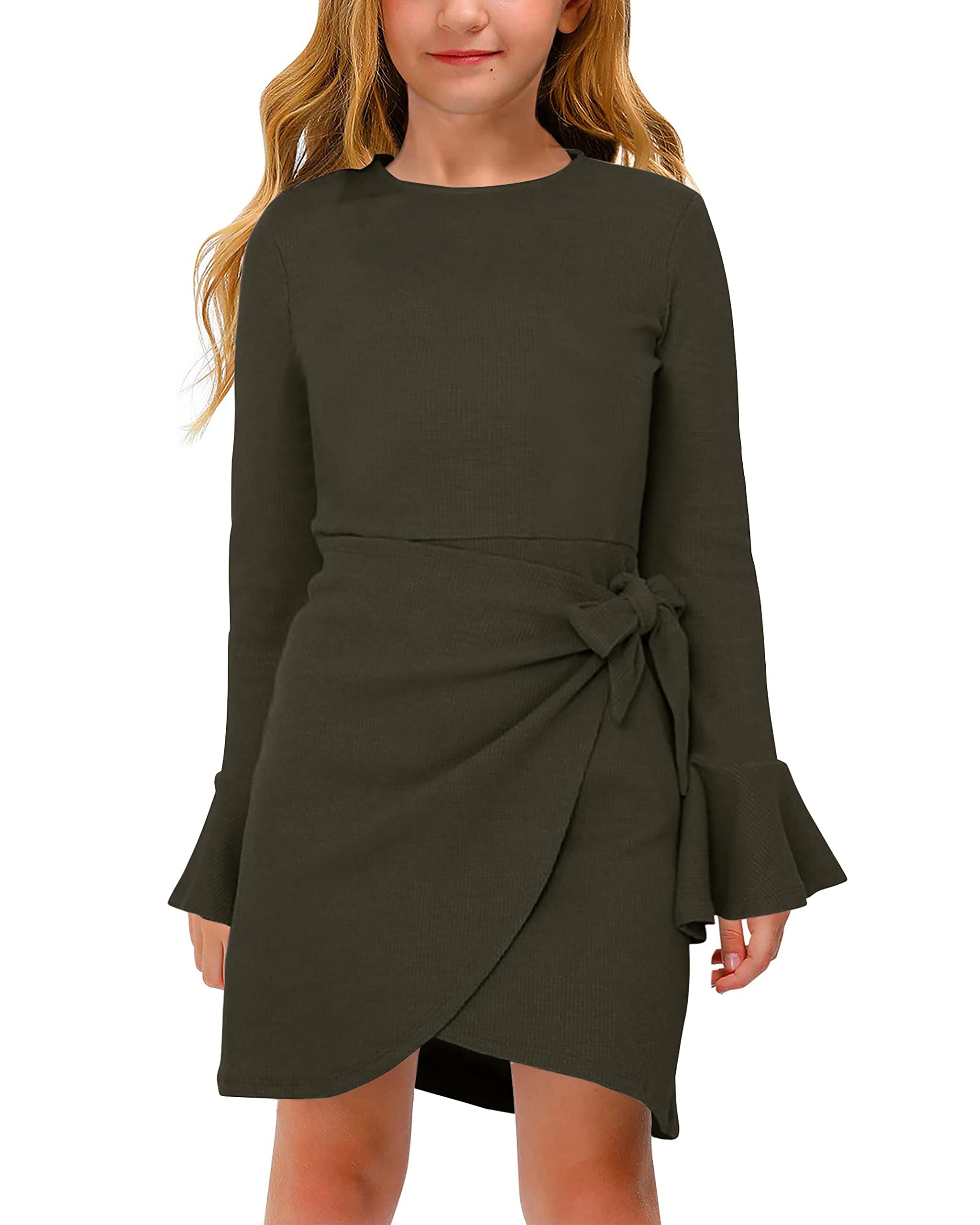 Girl's Solid Waffle Knit Midi Dress with Flared Long Sleeves & Belt - Comfortable Kids Casual Dress for School, Parties & Family Outings