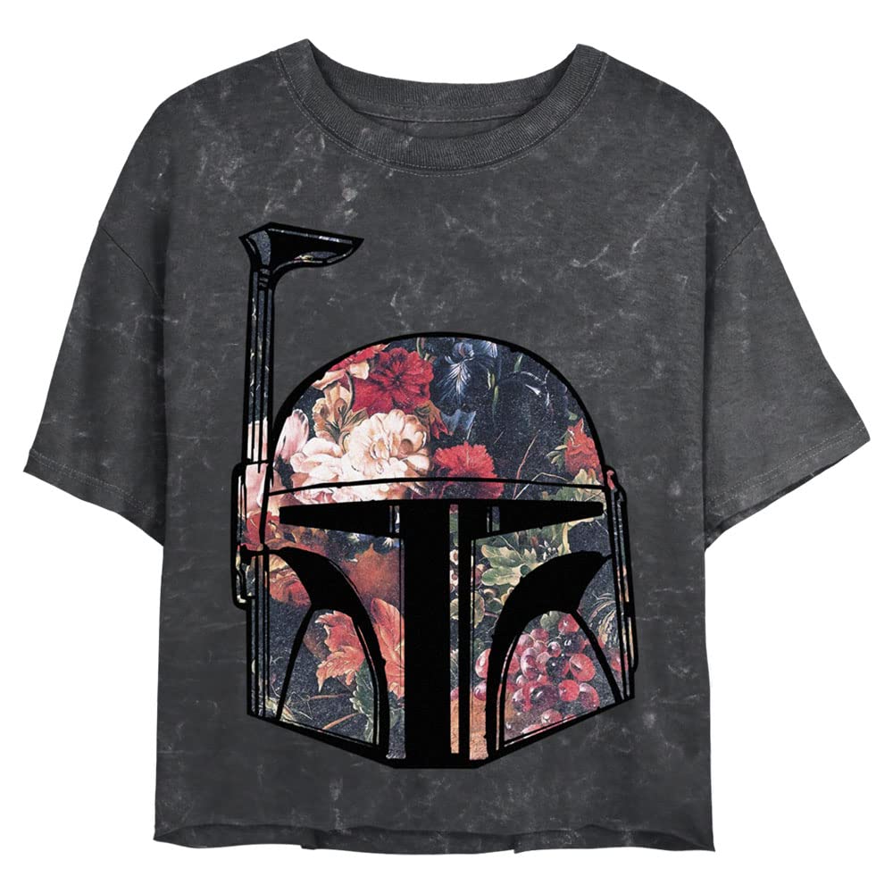Star Wars Boba Fett Floral Print Women's Mineral Wash Short Sleeve Crop T-Shirt - Casual Summer Outfit for Fans & Cosplay