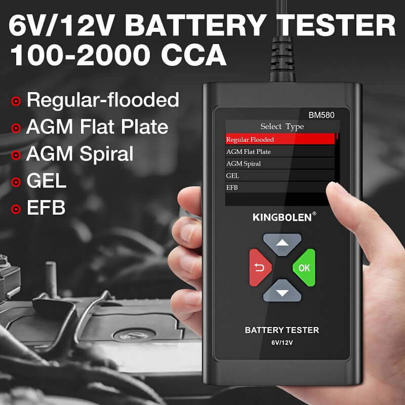 KINGBOLEN® BM580 6V 12V Car Battery Tester - Digital Automotive Battery Analyzer for Cars, Trucks, Motorcycles, RVs & Boats - Perfect for Home Mechanics & Auto Shops