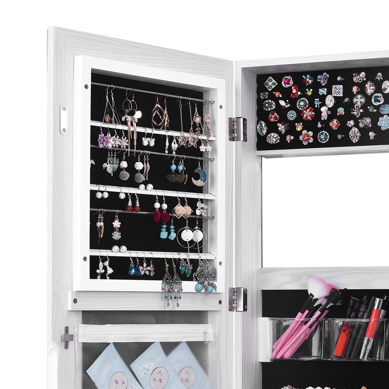 Full Length Mirror Jewelry Armoire with LED Lights - Wall Mounted White Jewelry Cabinet Organizer for Bedroom, Closet & Dressing Room