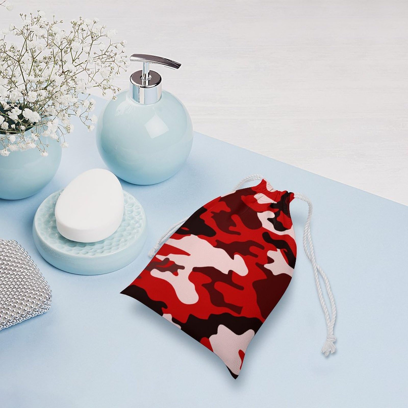 Red & Black Camouflage Cute Muslin Drawstring Bags - Small Reusable Gift Pouches for Jewelry, Party Favors & Storage | Eco-Friendly Canvas Gift Bags for Weddings, Birthdays & Holidays