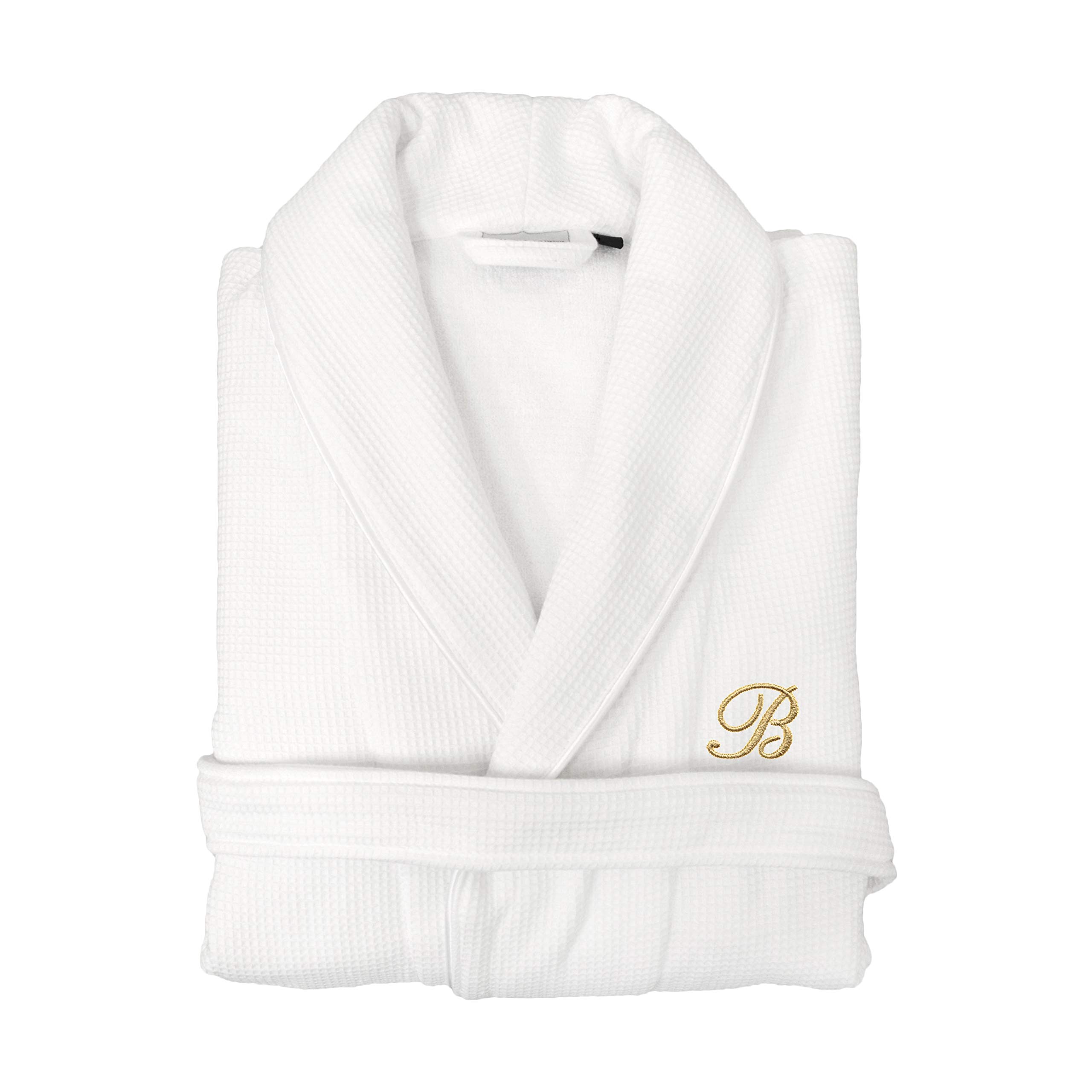 Unisex Gold Monogrammed Turkish Cotton Waffle Weave Terry Bath Robe - White & Gold - Size N (Large/XL) - Premium Spa & Hotel Style Bathrobe for Relaxation, Bridal Shower Gift, Luxury Homewear