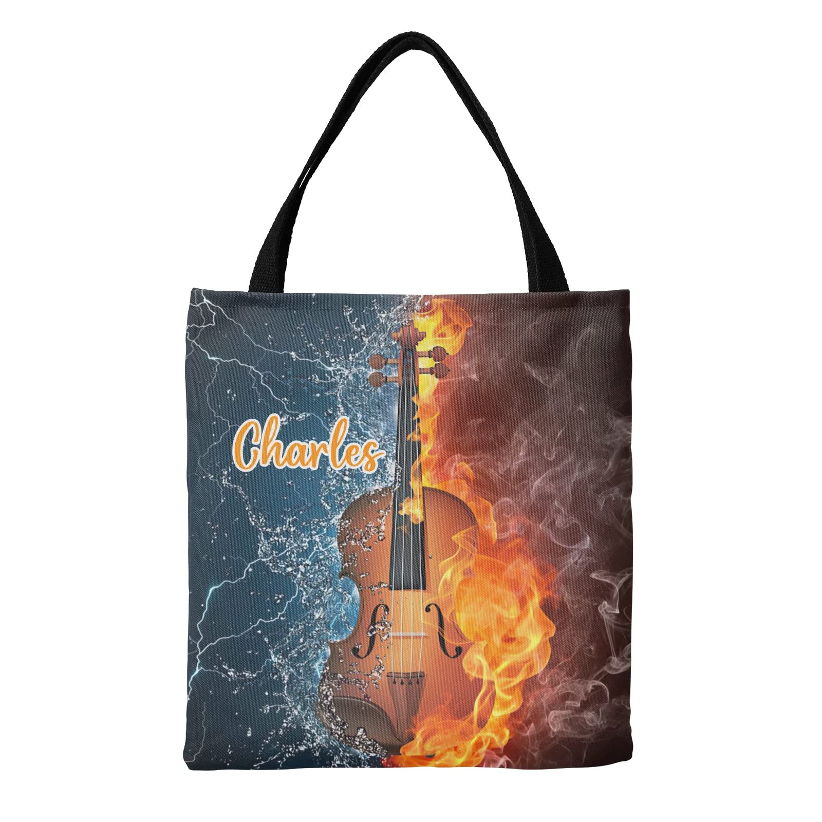 Custom Personalized Canvas Tote Bag - Elegant Violin & Fire Design Reusable Grocery Shopping Bag for Women & Girls (Perfect Gift for Musicians, Students & Eco-Friendly Shoppers) - Great for Groceries, Books, Beach Trips & Daily Use