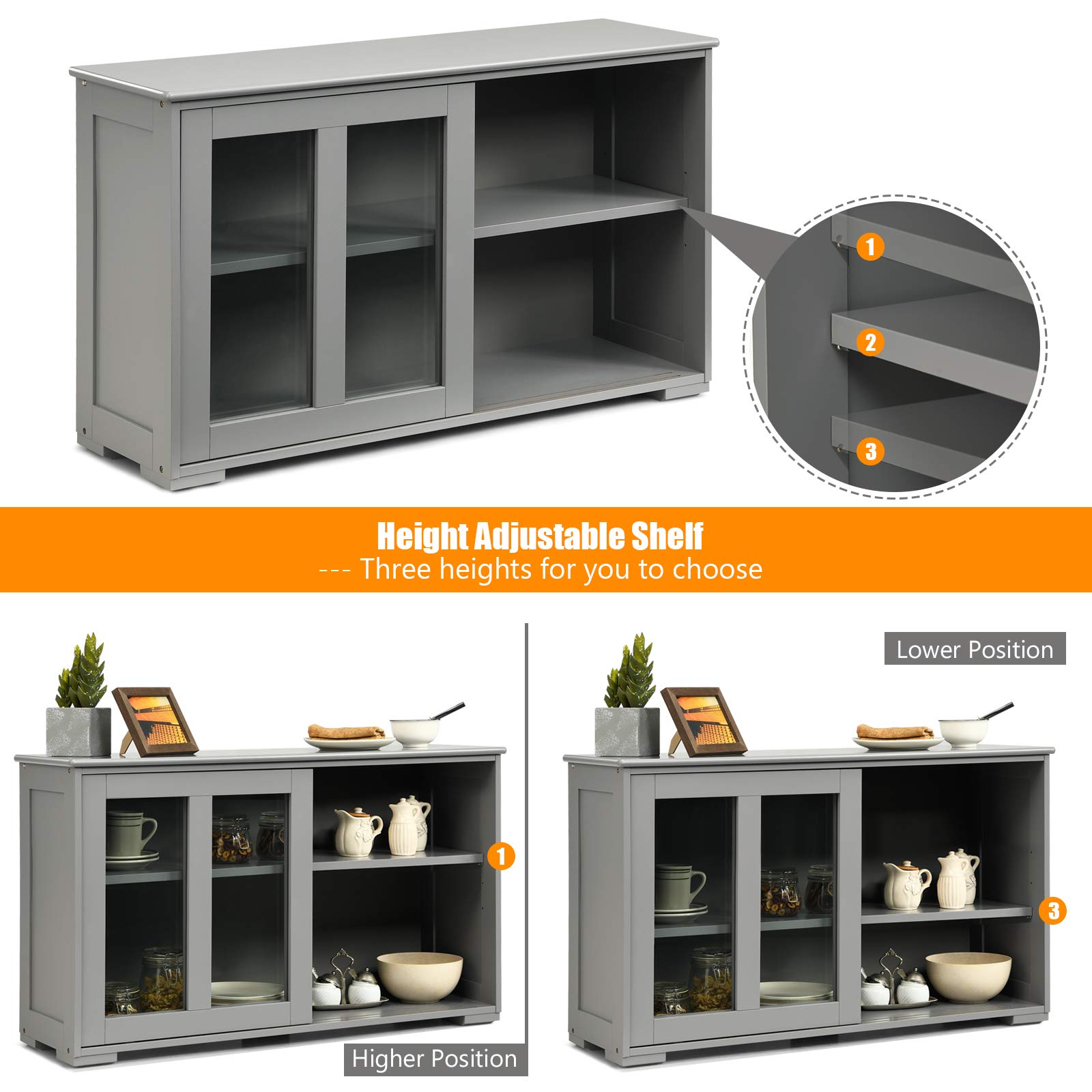 Costzon Wooden Sideboard Buffet Cabinet with Adjustable Shelf & Sliding Glass Doors - Kitchen Storage Cabinet, Coffee Bar Console Table for Living Room, Dining Room, Hallway - Perfect for Home Decor & Entertaining (Grey)