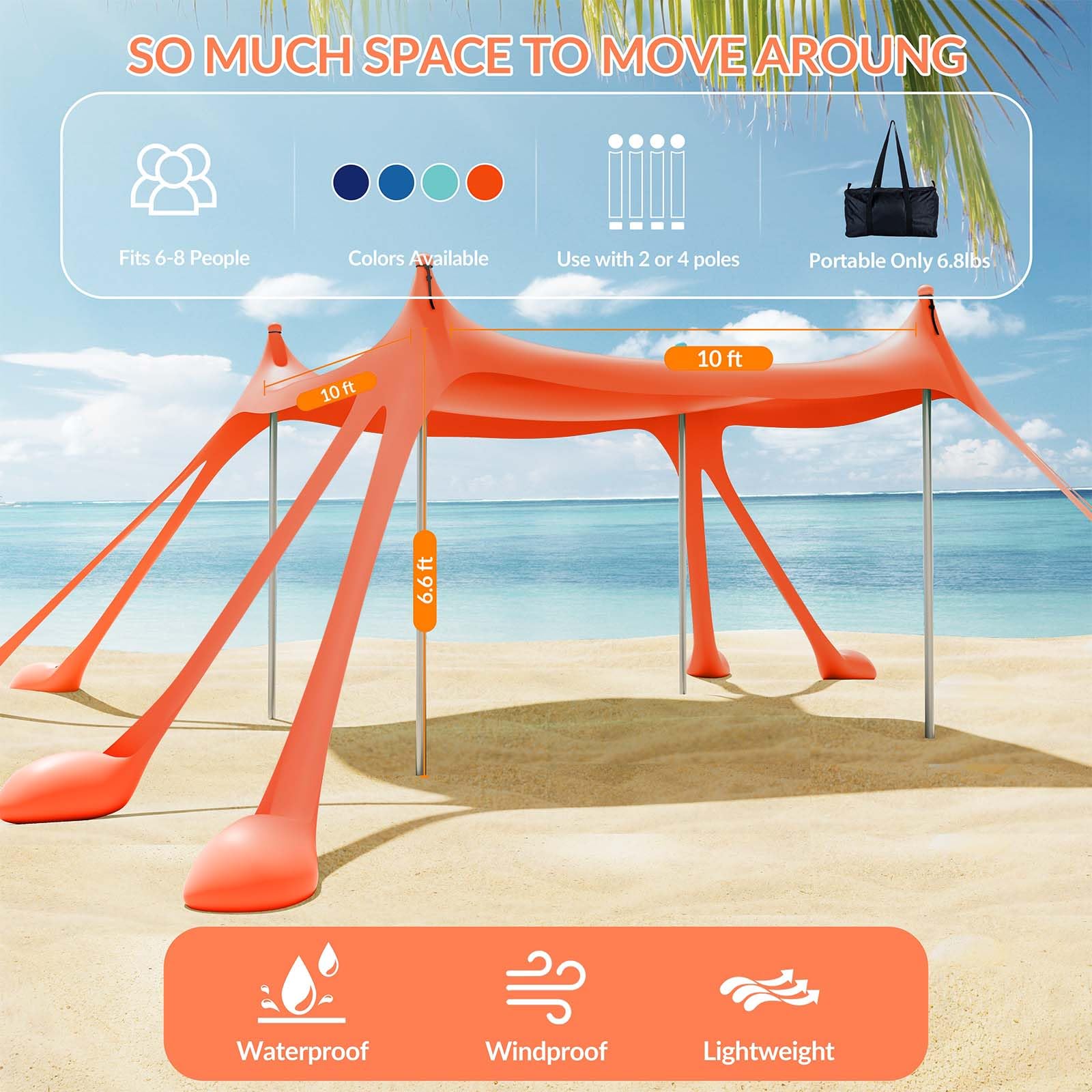 Gardentime Pop Up Beach Tent with 8 Sandbags & 4 Aluminum Poles - Portable Sun Shelter for Camping, Easy Setup Includes 2 Sand Shovels, Ground Pegs & Carrying Bag - Perfect for Outdoor Beach Trips, Picnics, Fishing and Family Vacations