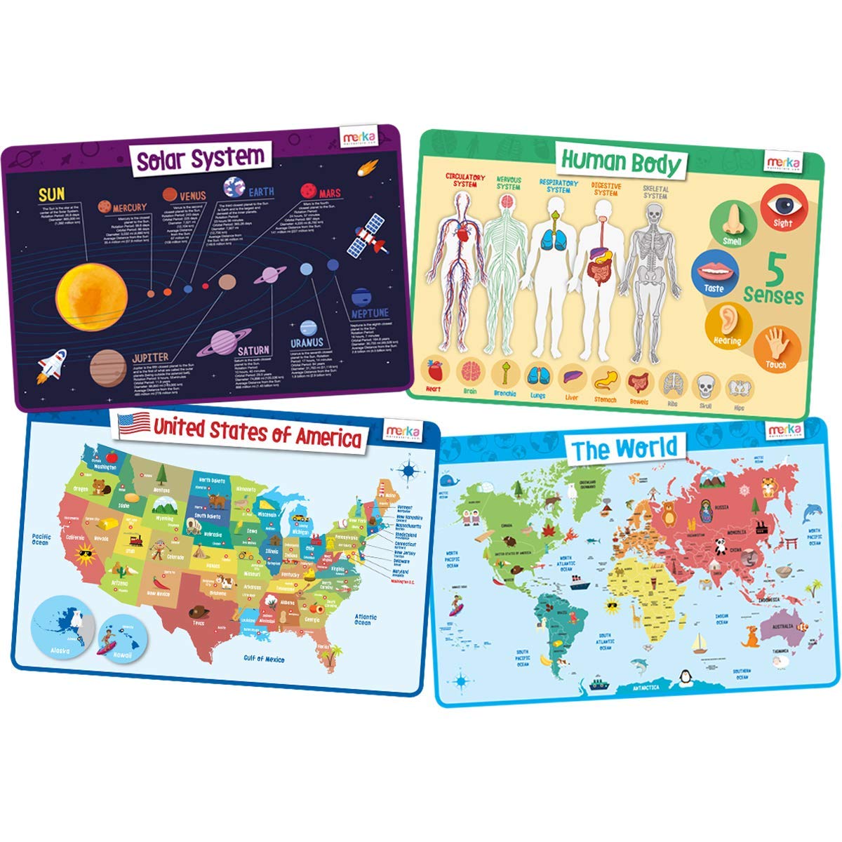 merka Kids Learning Placemats Set of 4 - Non-Slip Silicone Educational Mats with Solar System, Human Body, World Geography & USA Map - Perfect for Dining Table, Classroom & Homeschooling Activities