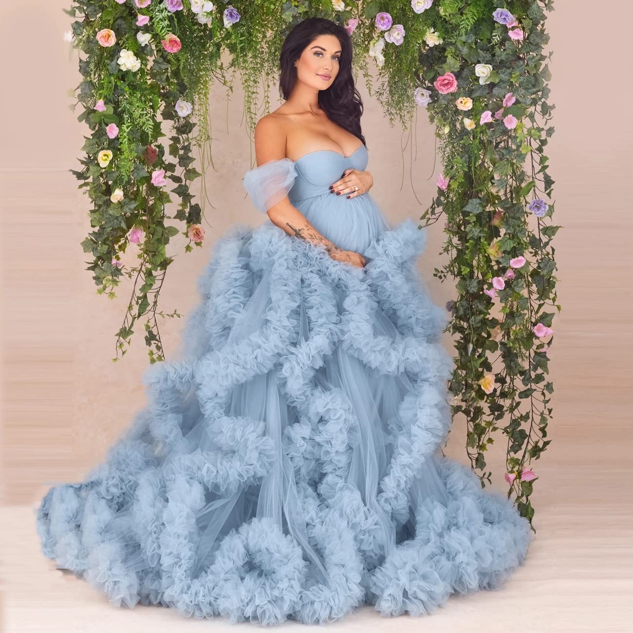 Elegant Women's Tulle Maternity Gown - Sheer Ruffled Babyshower Dress, Bridal Lingerie & Photoshoot Robe - Perfect for Maternity Photos, Baby Showers, Bridal Boudoir and Relaxing at Home