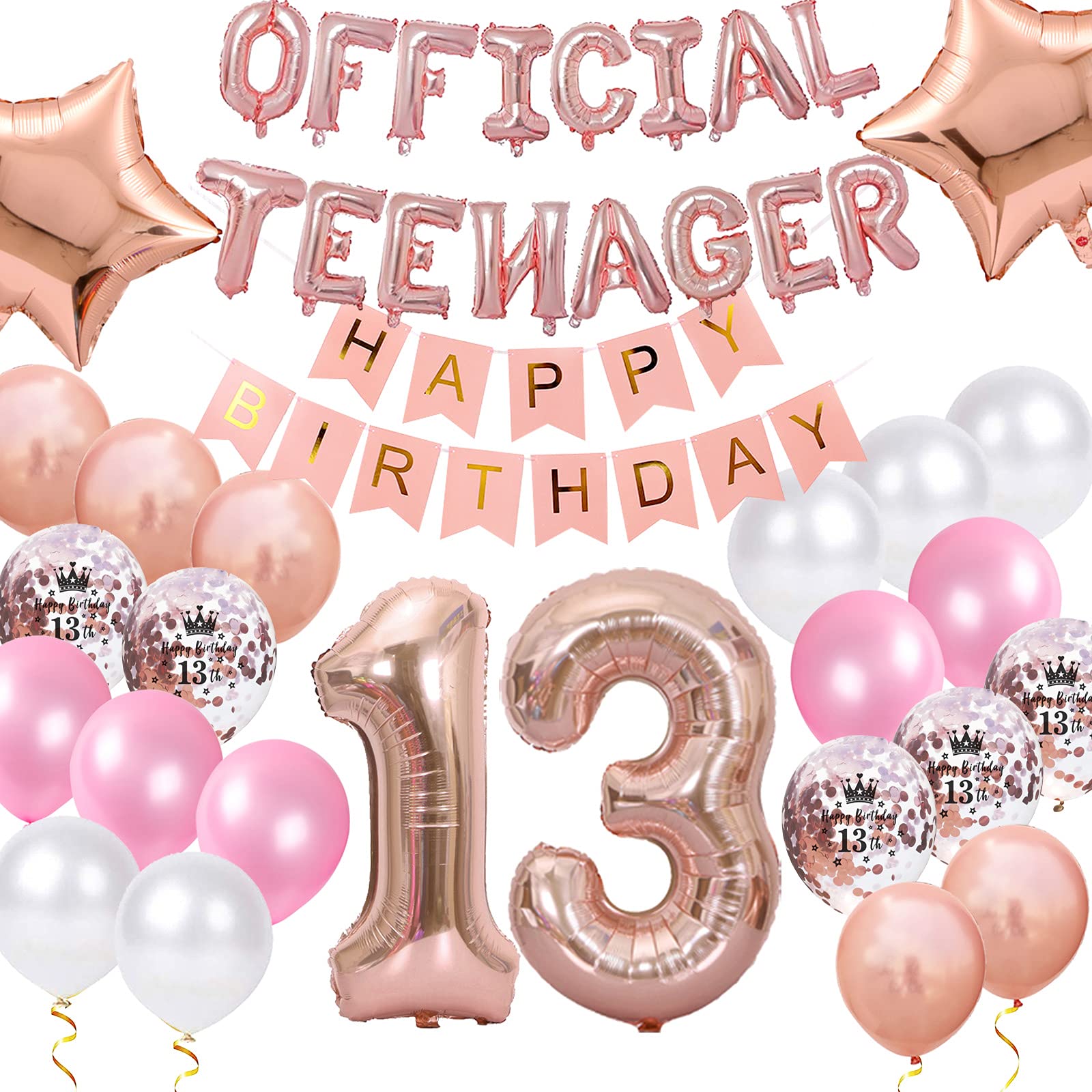 Rose Gold 13th Birthday Decorations for Girls - Teen Happy Birthday Balloons, Banner, Foil & Confetti Balloons - Official Number 13 Party Supplies for 13 Year Old Birthday Celebrations | Perfect for Teen Parties, Sweet 16 Prep & Milestone Decor