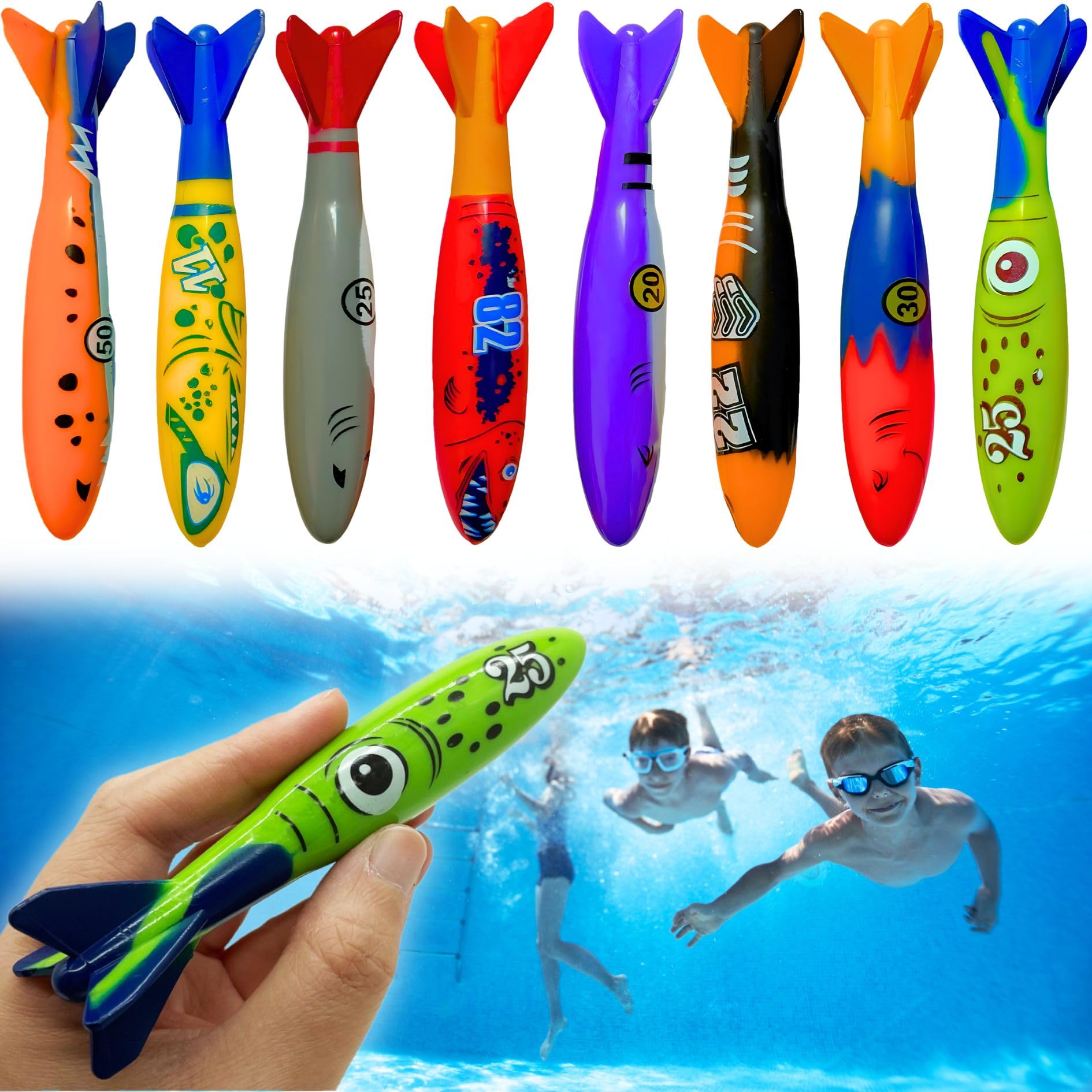Haktoys 8-Pack Diving Torpedo Pool Toys – Underwater Gliding Swim Toys for Kids & Adults | Shark Torpedo Dive Toys for Swimming Training, Pool Games & Summer Fun – Perfect for Backyard Pools, Beach Trips & Water Sports Activities
