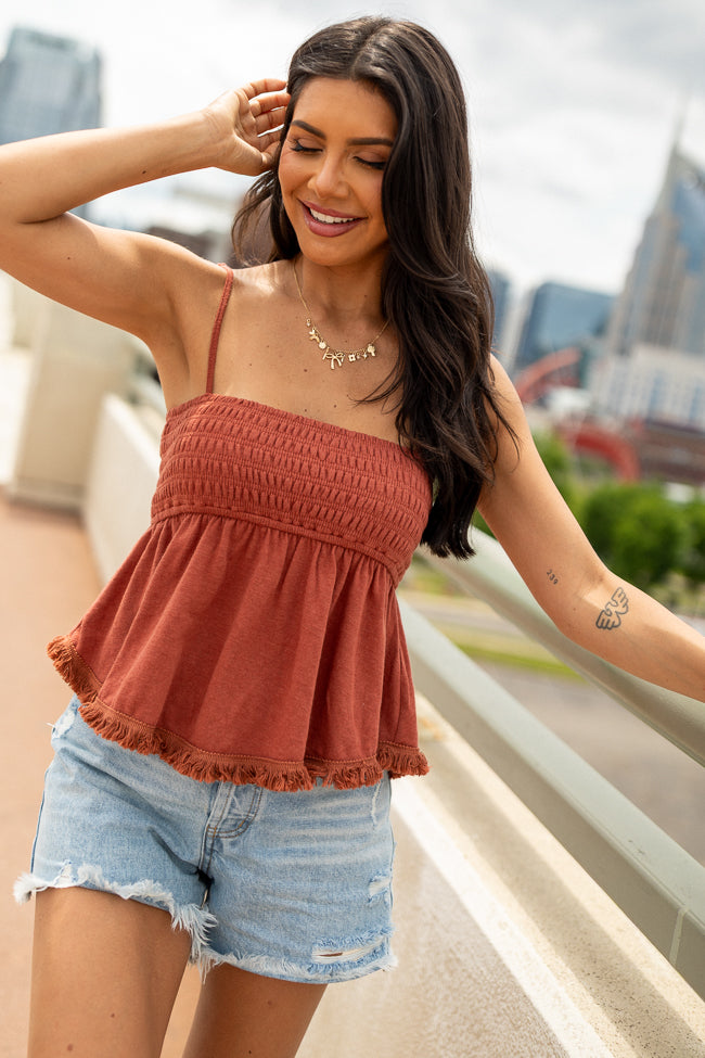 Burnt Orange Smocked Tank Top for Women - Casual Summer Tops with Elastic Waist - Perfect for Beach, Vacation & Everyday Wear