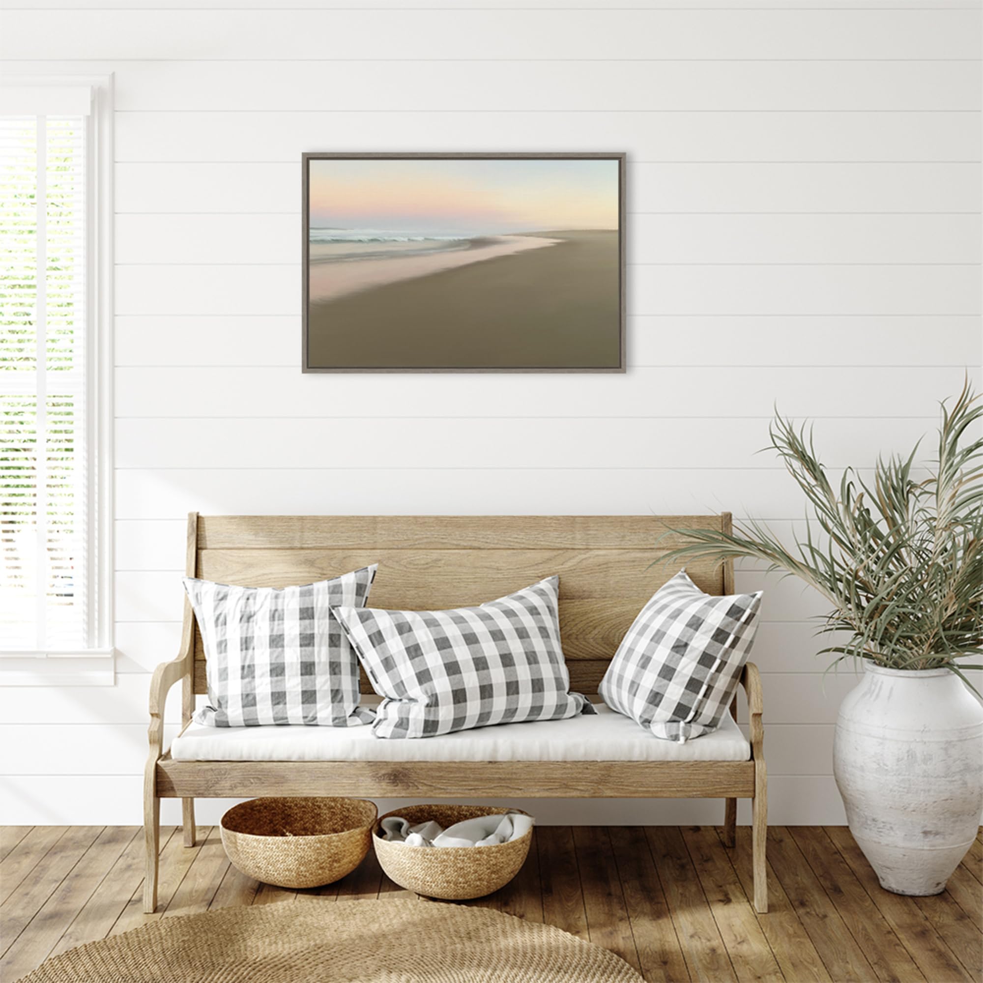 Amanti Art Framed Canvas Wall Art 23x33 - Soft Beach Embrace by JL Design, Coastal Beach Painting, Rustic Home Decor, Large Framed Poster for Living Room, Bedroom, Bathroom - Perfect for Beach House & Coastal Themed Interiors